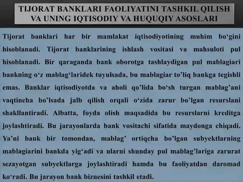 TIJORAT BANKLARI FAOLIYATINI TASHKIL QILISH VA UNING IQTISODIY VA HUQUQIY ASOSLARI