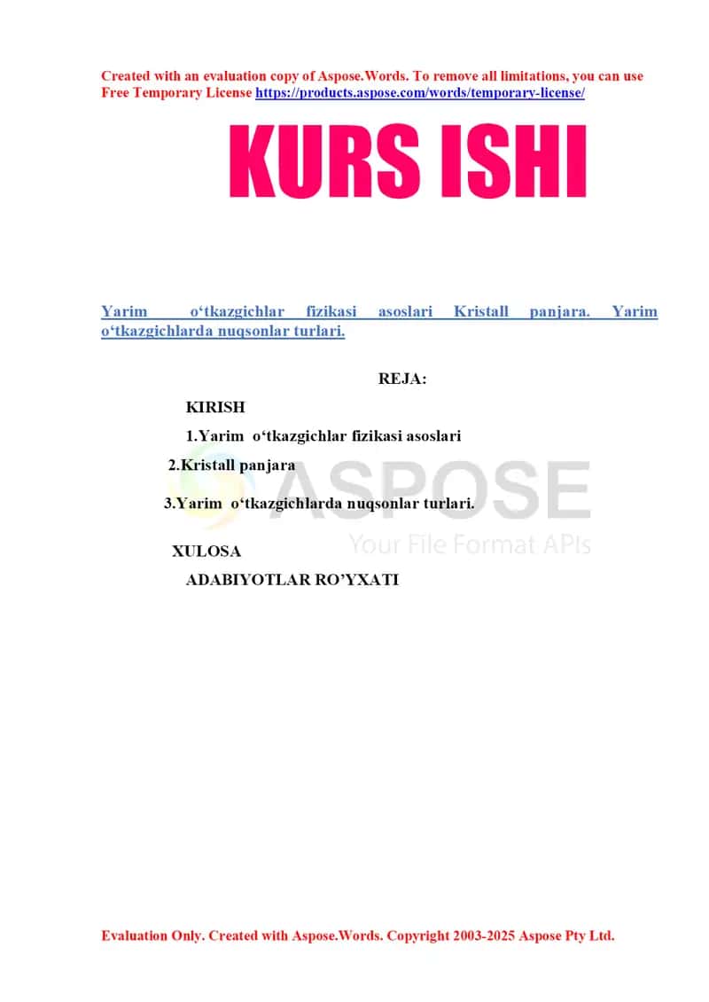 Yarim  o‘tkazgichlar fizikasi asoslari Kristall panjara. Yarim  o‘tkazgichlarda nuqsonlar turlari. 1
