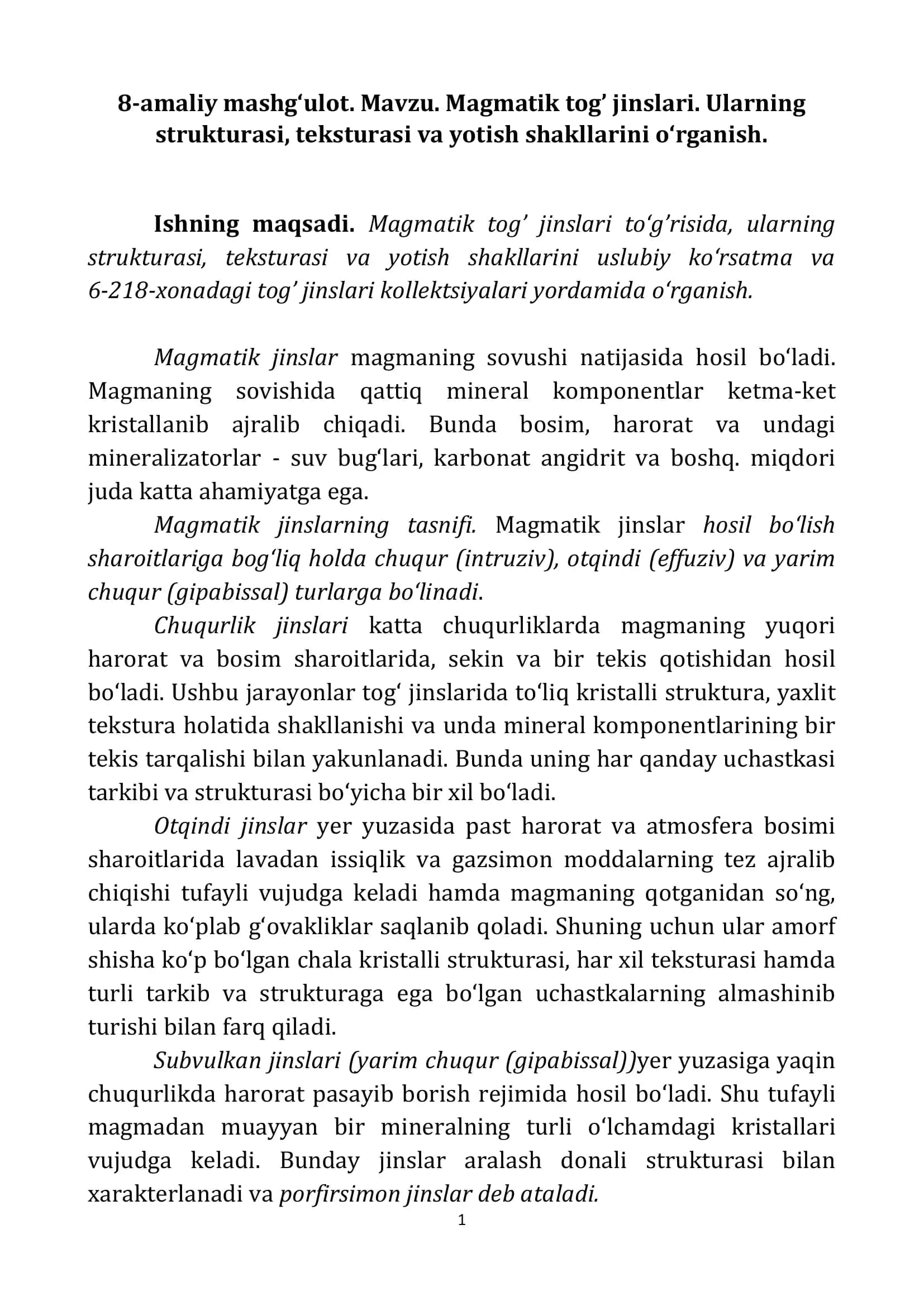 Magmatik tog’ jinslari 1