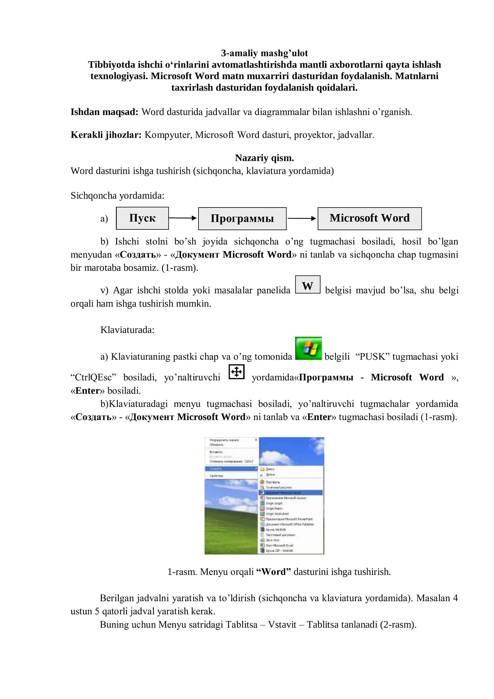 Tibbiyotda ishchi о„rinlarini avtomatlashtirishda mantli axborotlarni qayta ishlash texnologiyasi. Microsoft Word matn muxarriri dasturidan foydalanish. Matnlarni taxrirlash dasturidan foydalanish qoidalari 1