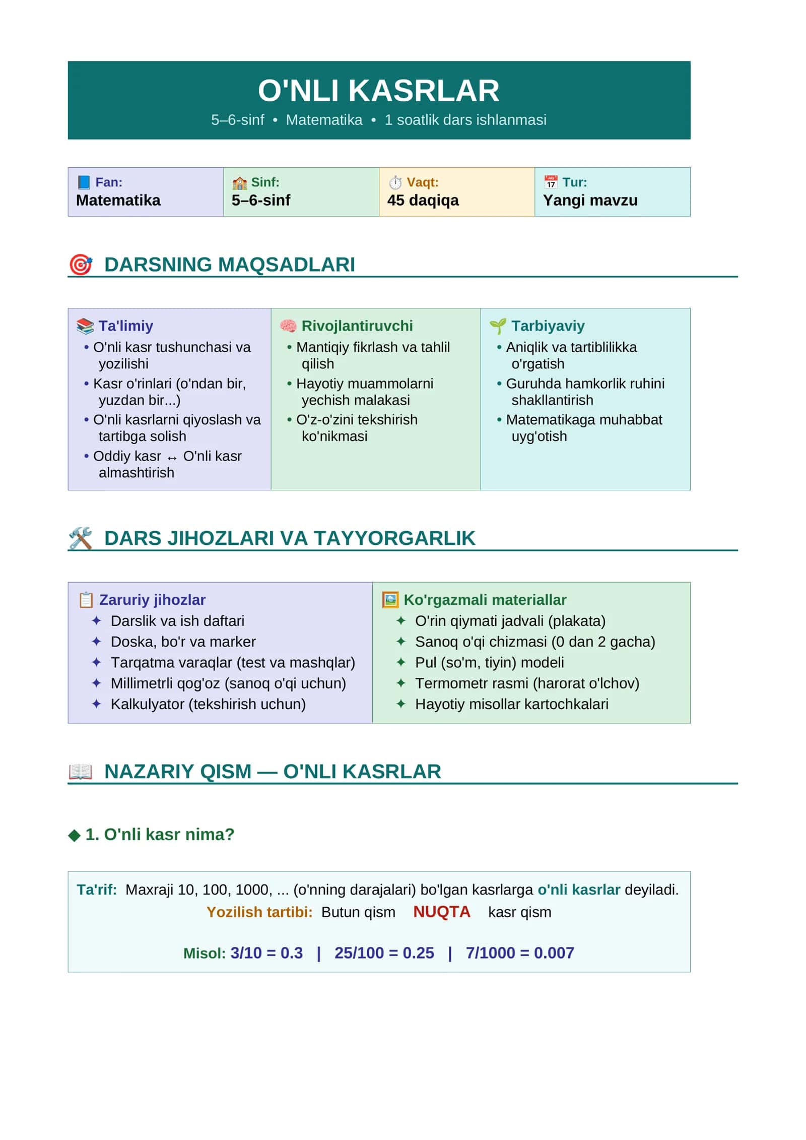 O'nli kasrlar (5-sinf uchun dars ishlanma) 1