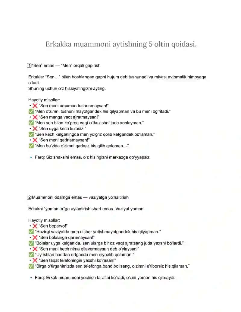 Erkakka muammoni aytishning 5 oltin qoidasi