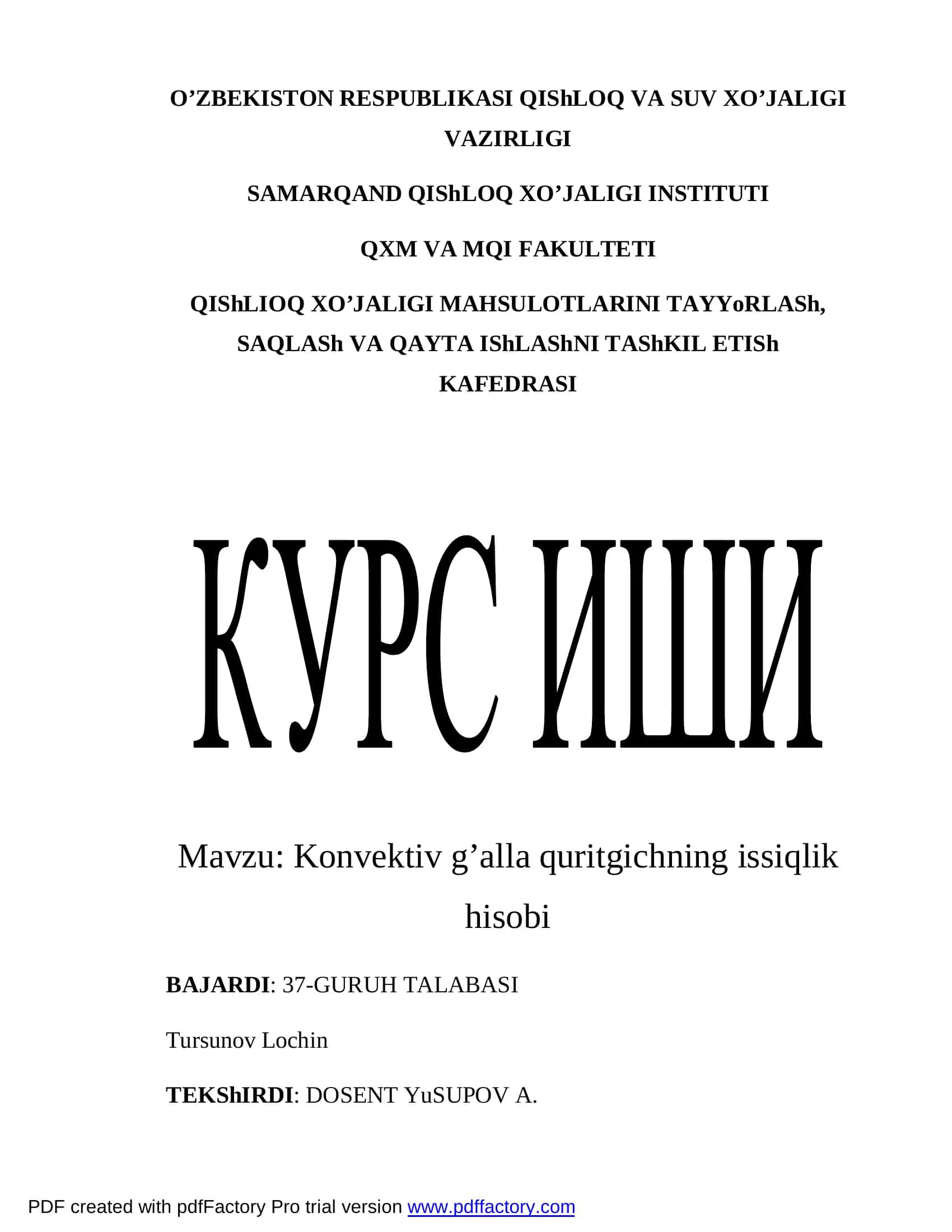 Konvektiv g’alla quritgichning issiqlik hisobi 1