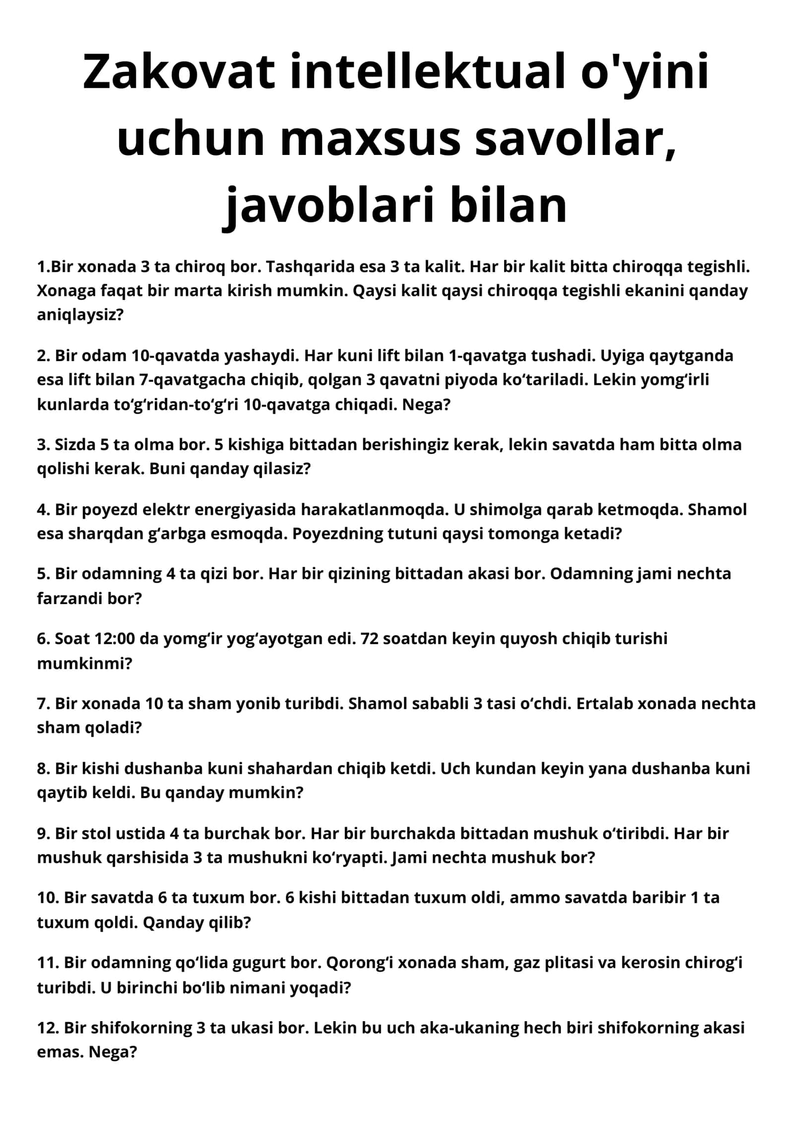 Zakovat intellektual o'yini uchun maxsus savollar, javoblari bilan 1