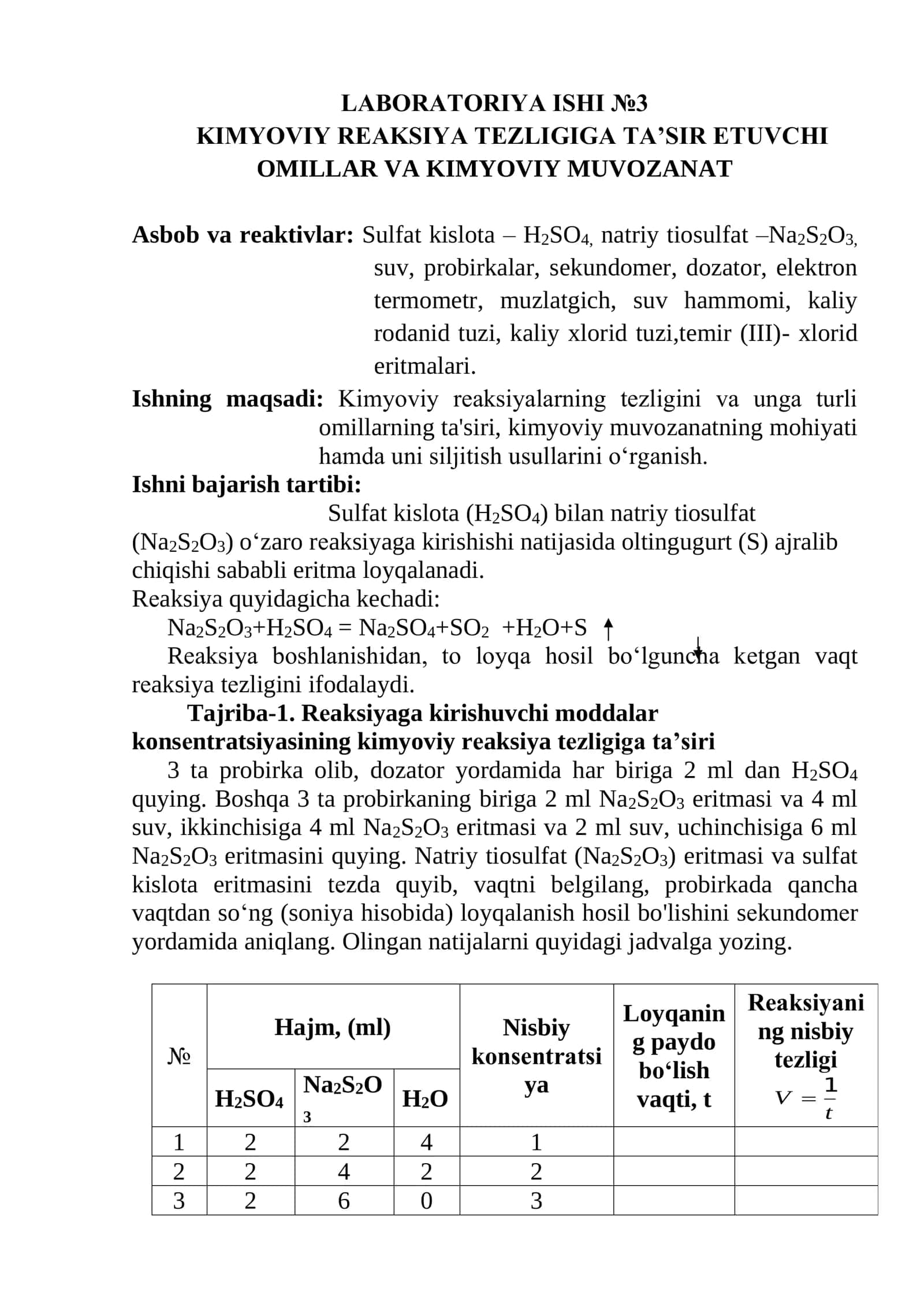 KIMYOVIY REAKSIYA TEZLIGIGA TA'SIR ETUVCHI OMILLAR VA KIMYOVIY MUVOZANAT 1