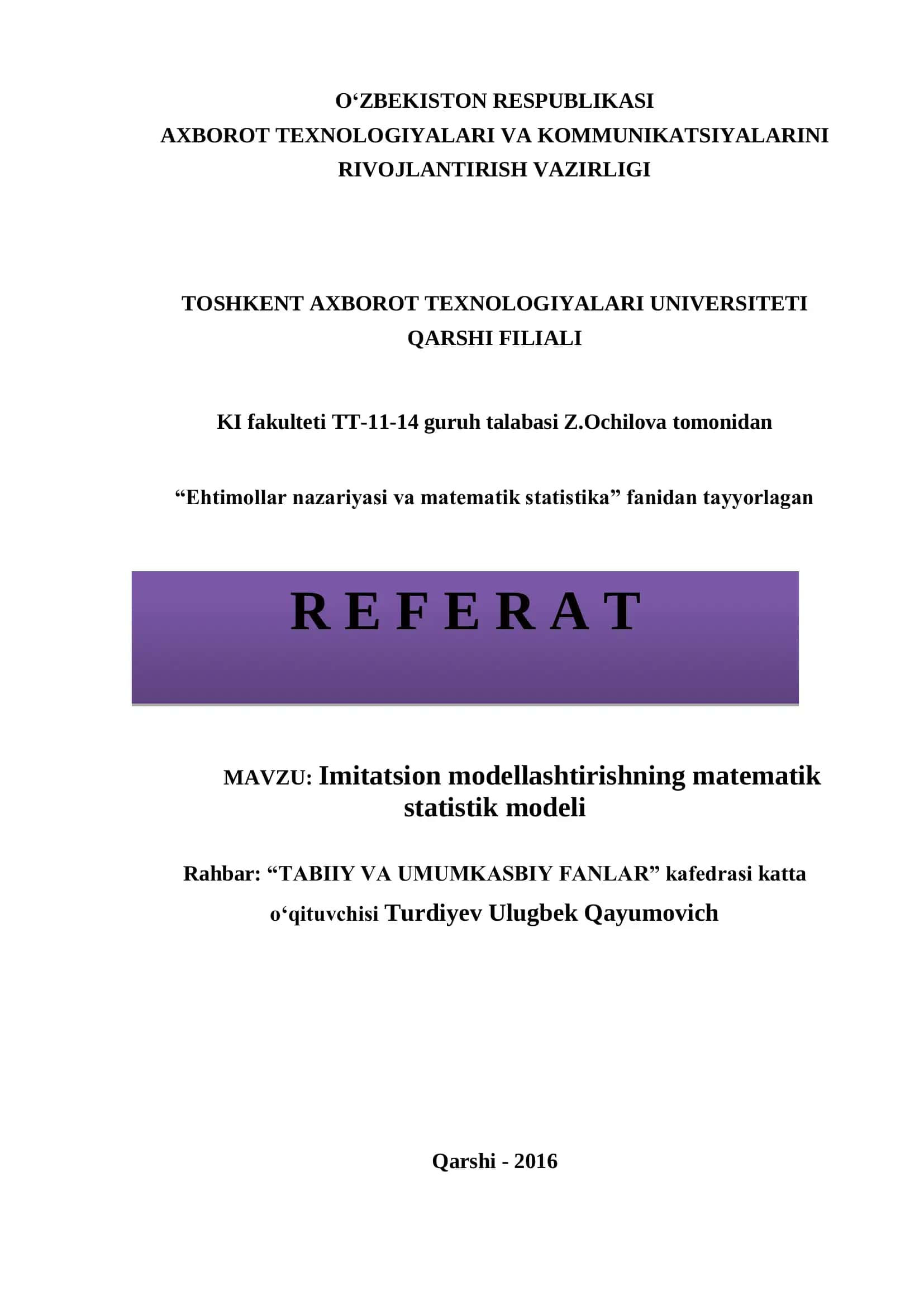 Imitatsion modellashtirishning matematik statistika modeli 1