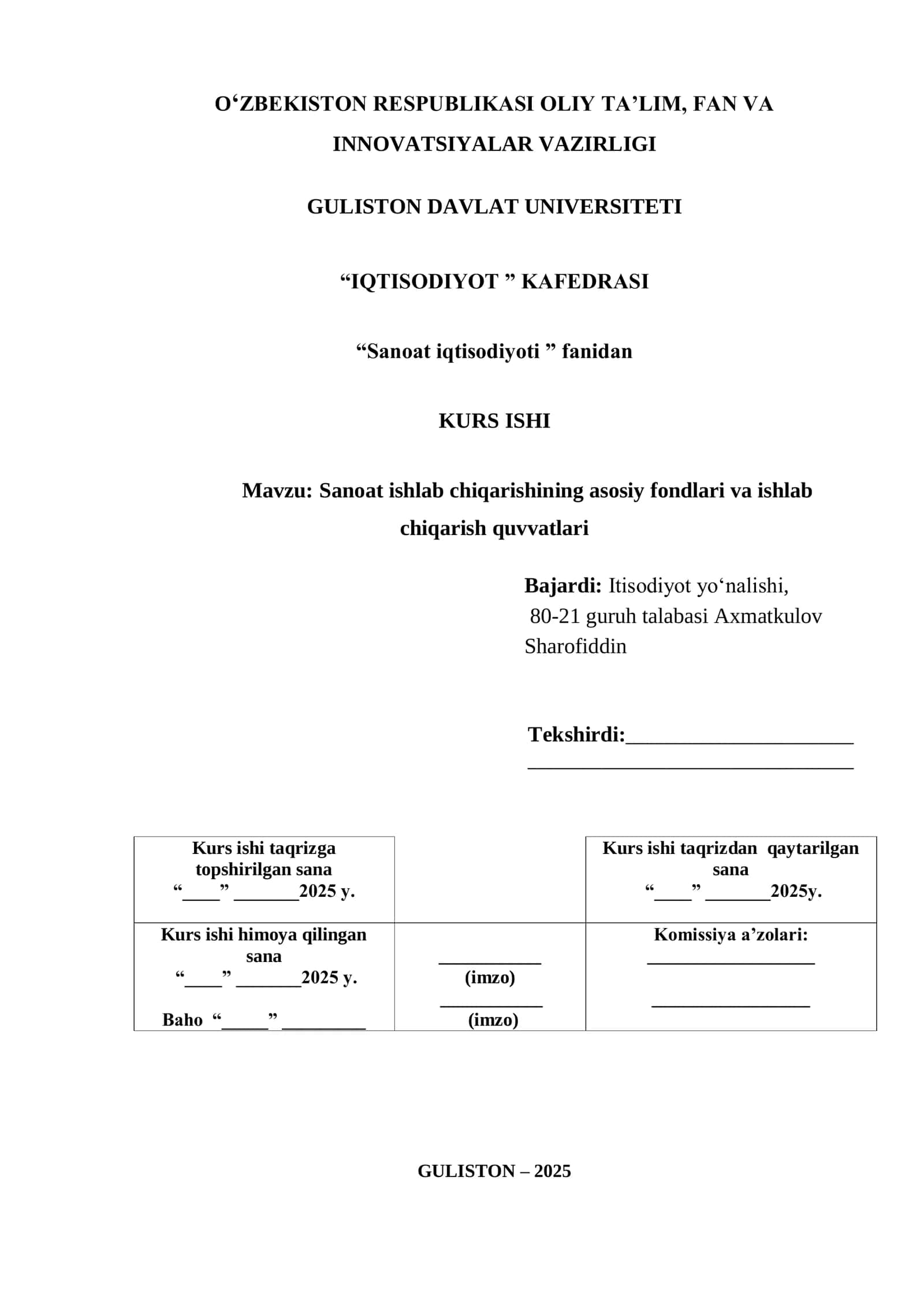 Sanoat ishlab chiqarishining asosiy fondlari va ishlab chiqarish quvvatlari 1