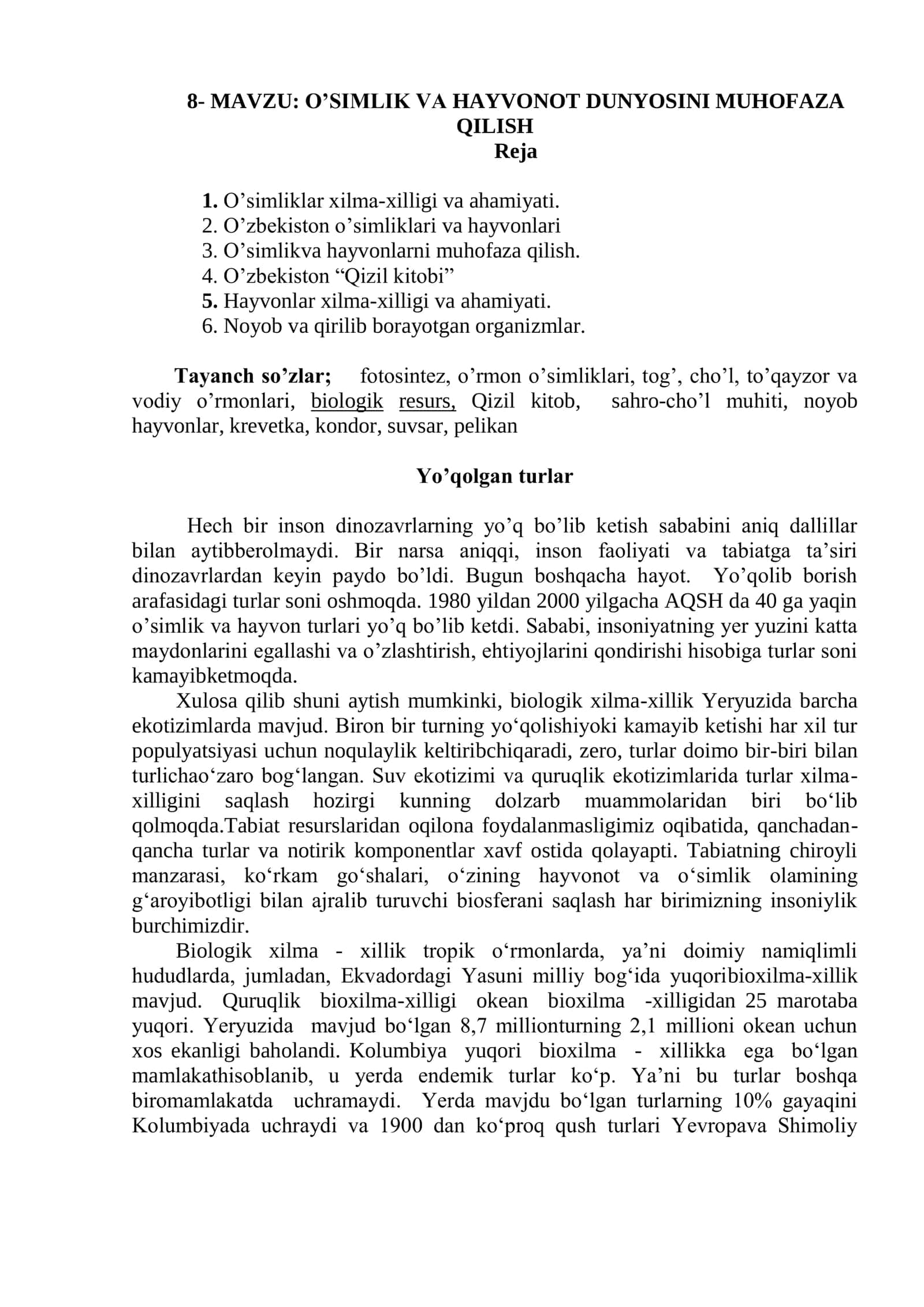O‟SIMLIK VA HAYVONOT DUNYOSINI MUHOFAZA QILISH 1