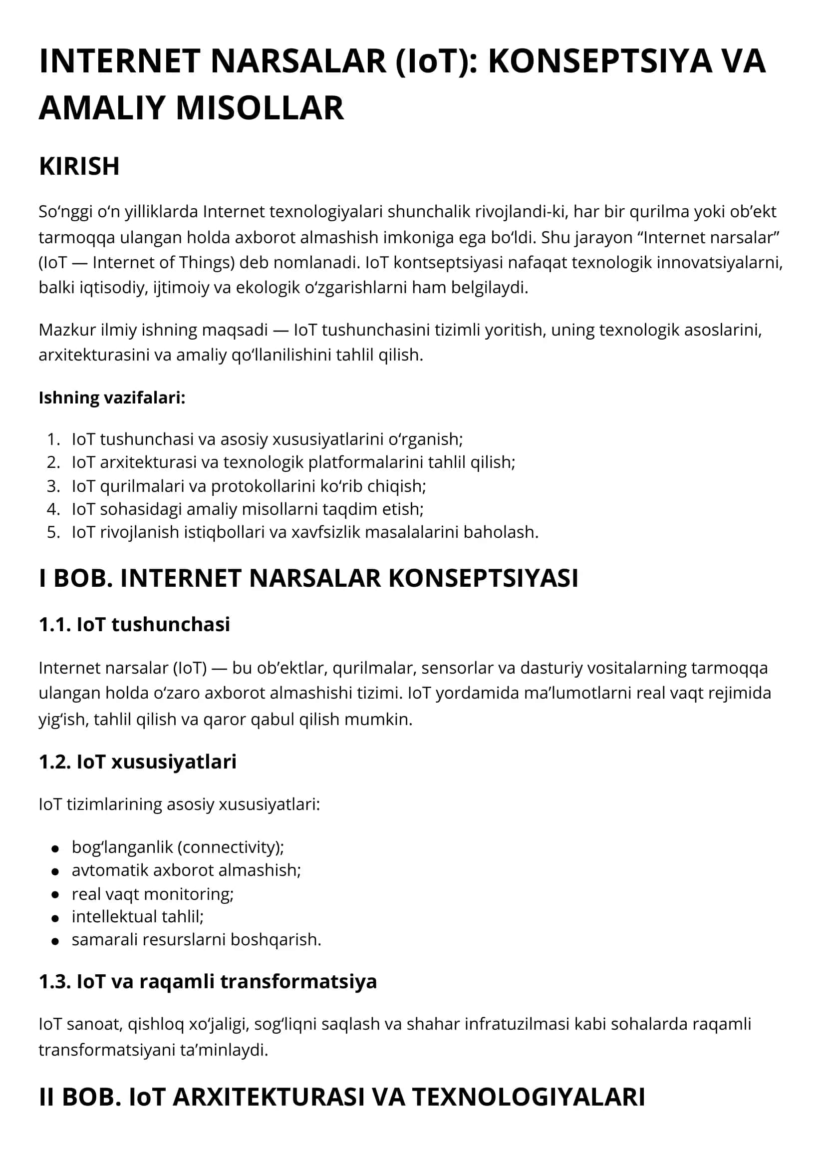 INTERNET NARSALAR (IoT): KONSEPTSIYA VA AMALIY MISOLLAR 1