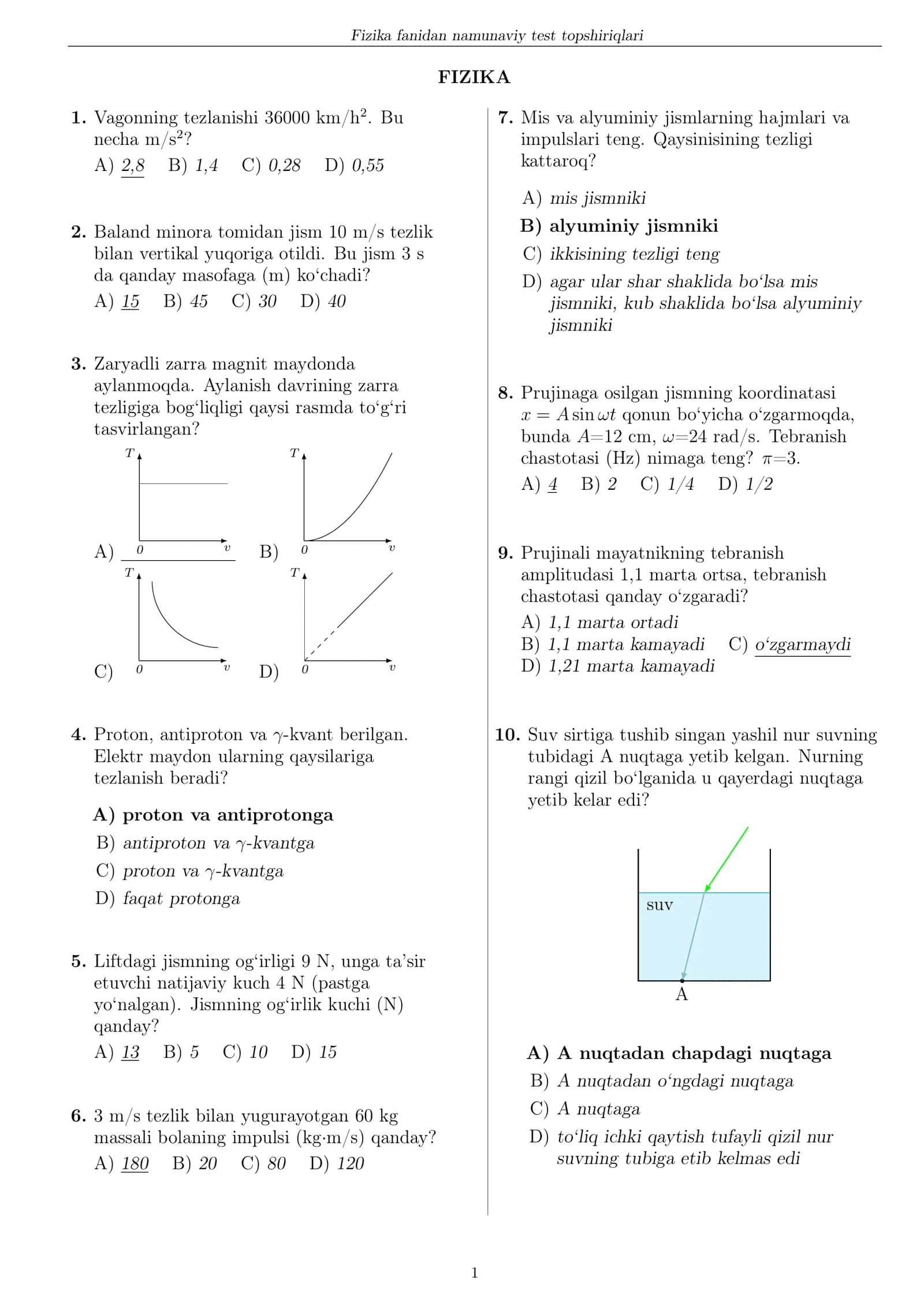 Fizika fanidan namunaviy test topshiriqlari 1