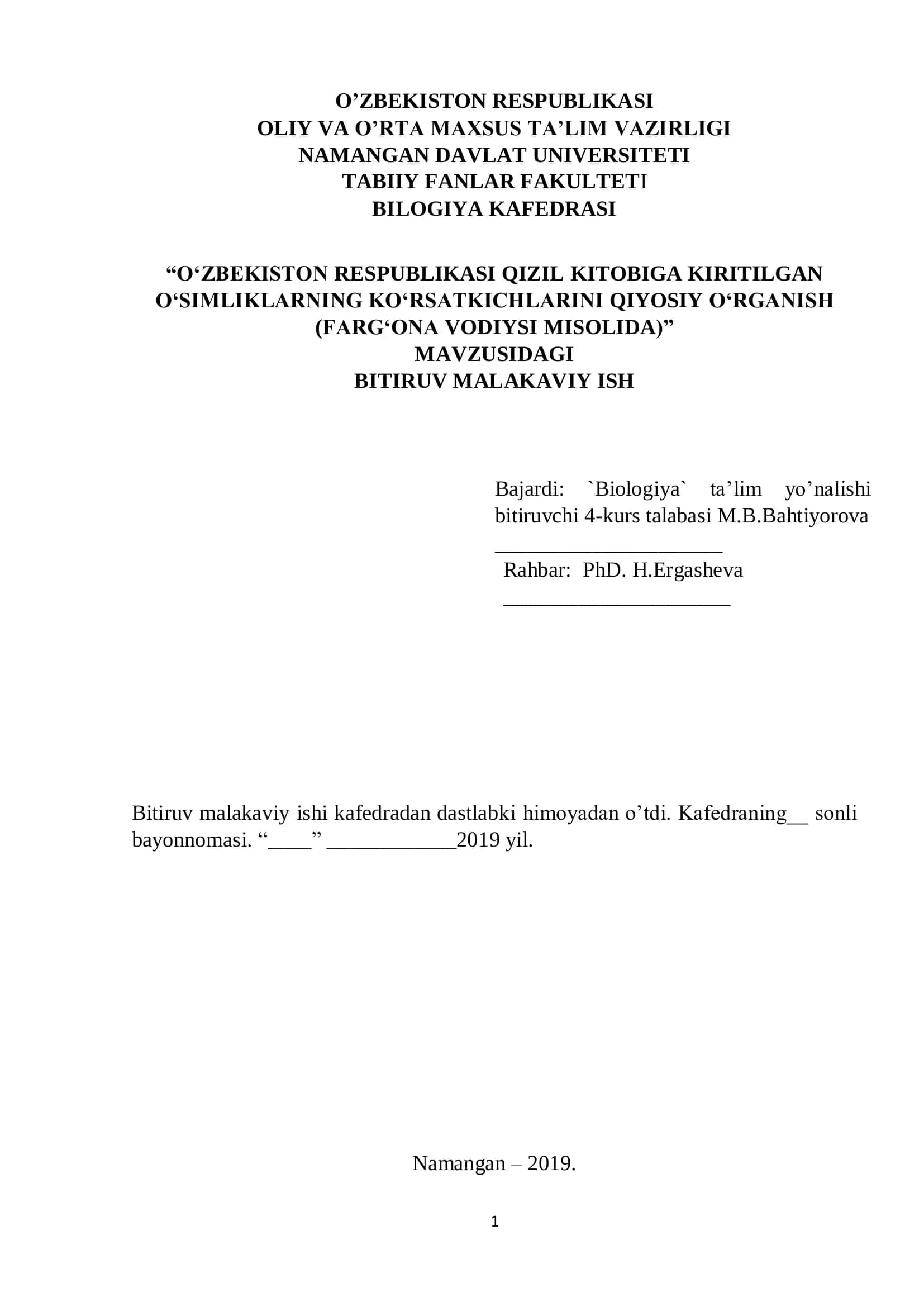 O'zbekiston Respublikasi Qizil Kitobiga Kiritilgan O' simliklarning Ko'rsatkichlarini Qiyosiy O'rganish (Farg'ona Vodiysi Misolida) Bitiruv Malakaviy Ish 1