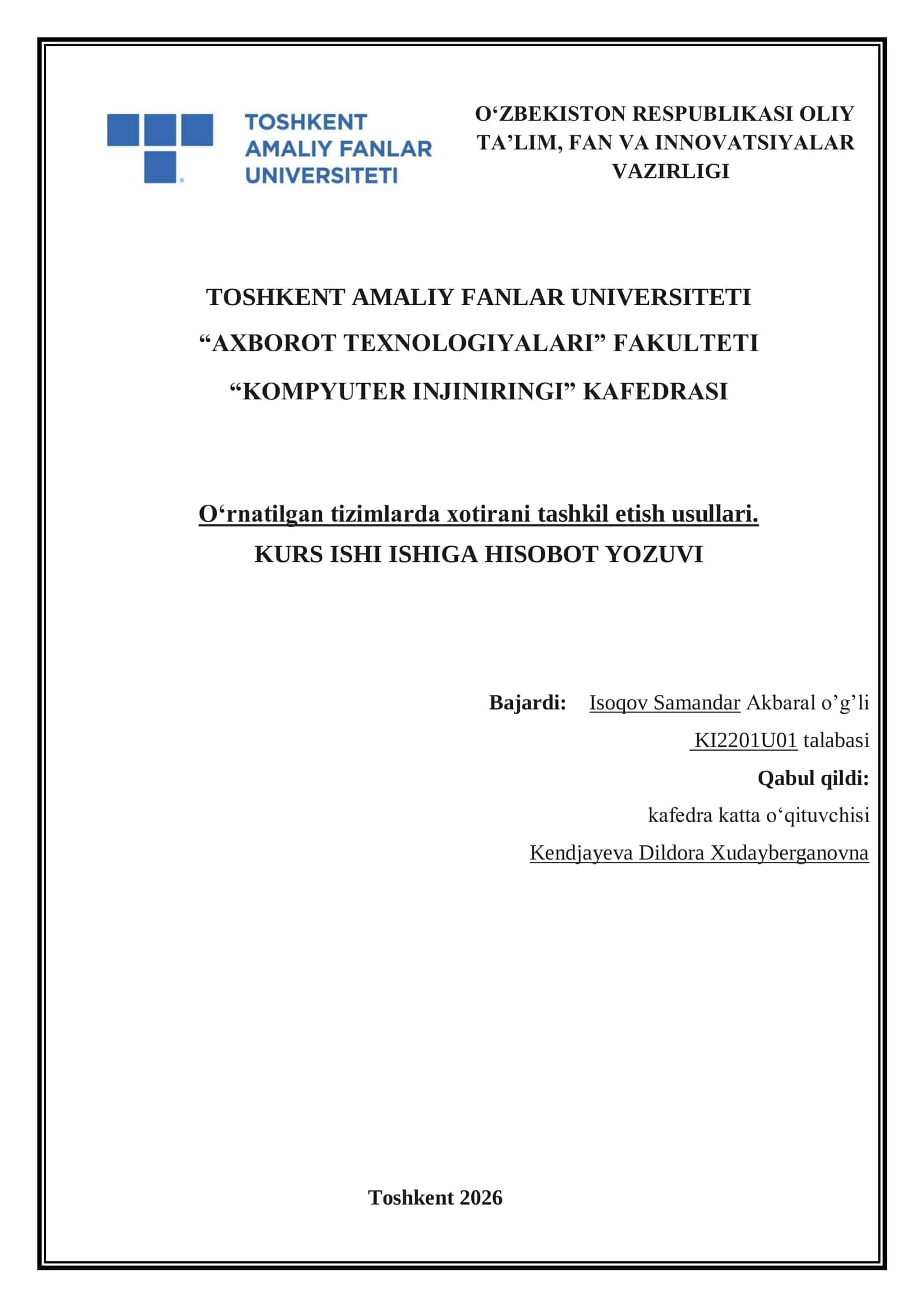 Oʻrnatilgan tizimlarda xotirani tashkil etish usullari 1