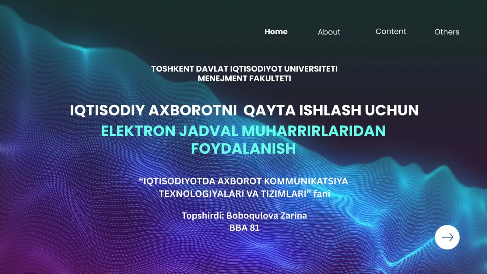IQTISODIY AXBOROTNI QAYTA ISHLASH UCHUN
ELEKTRON JADVAL MUHARRIRLARIDAN
FOYDALANISH 1