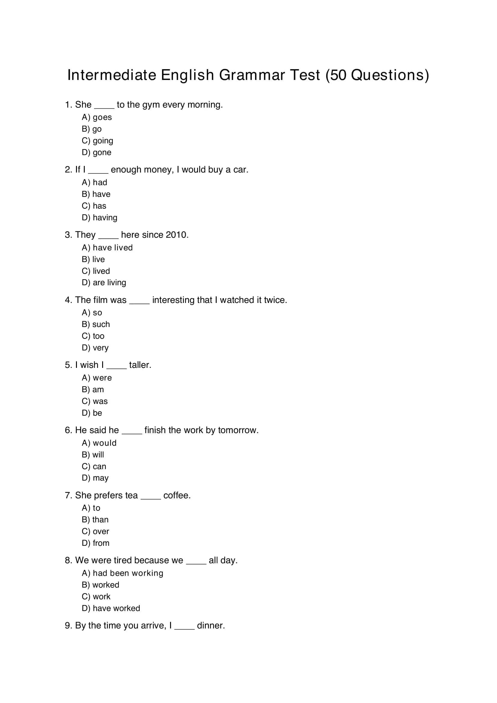 Intermediate English Grammar Test (50 Questions) 1