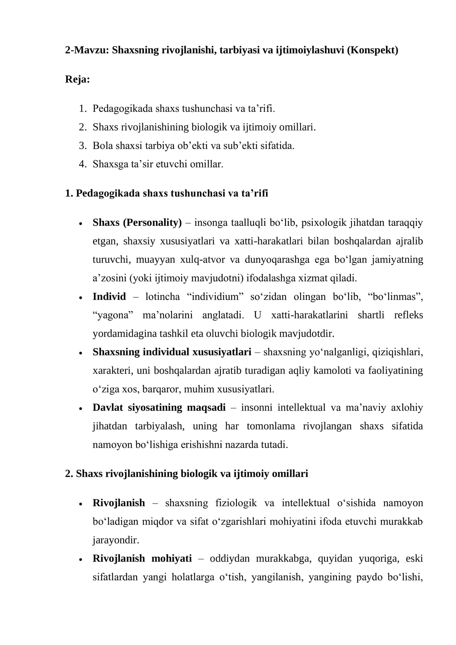 Shaxsning rivojlanishi, tarbiyasi va ijtimoiylashuvi (Konspekt) 1