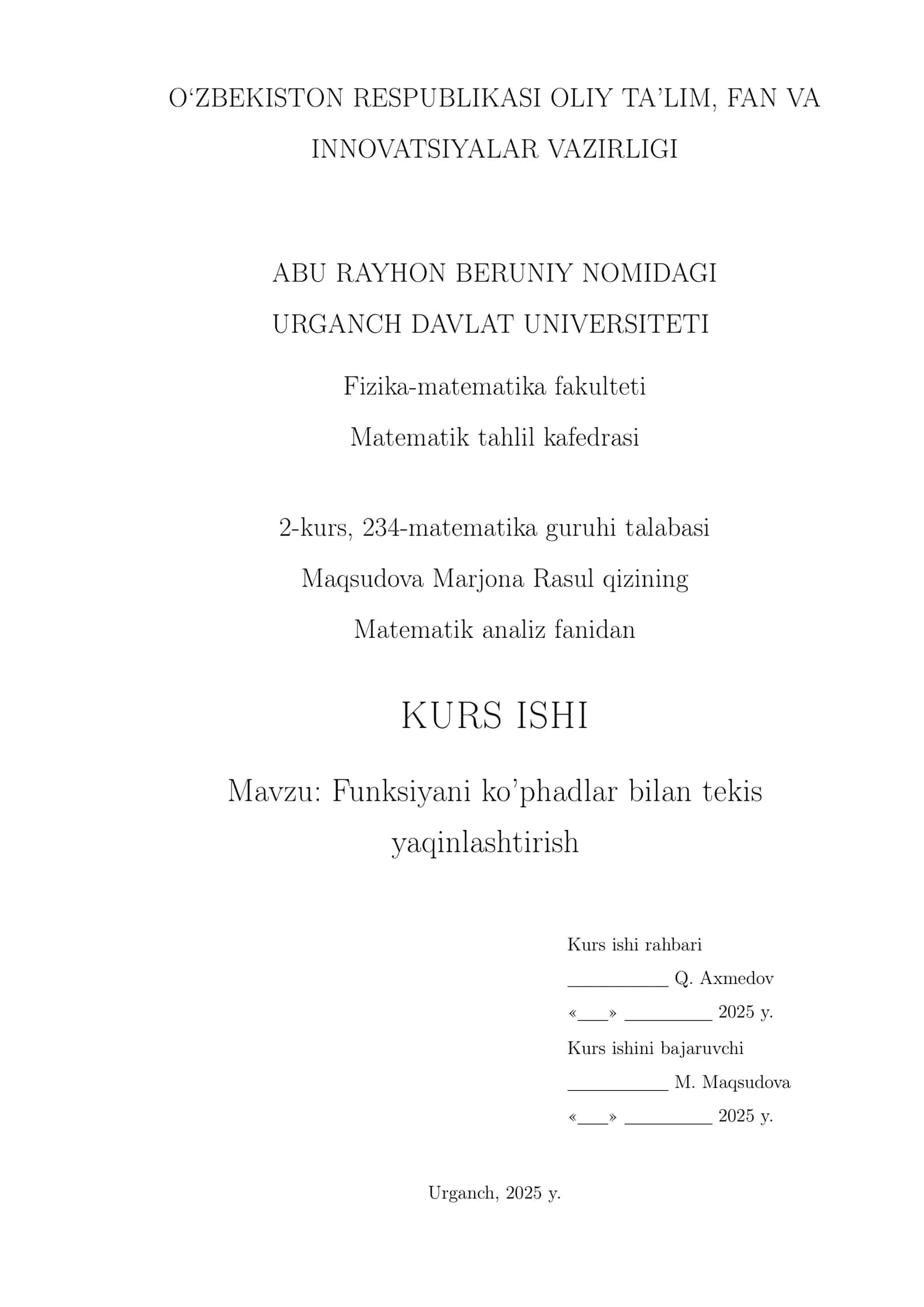 Funksiyani ko'phadlar bilan tekis yaqinlashtirish.Matematik analiz 1
