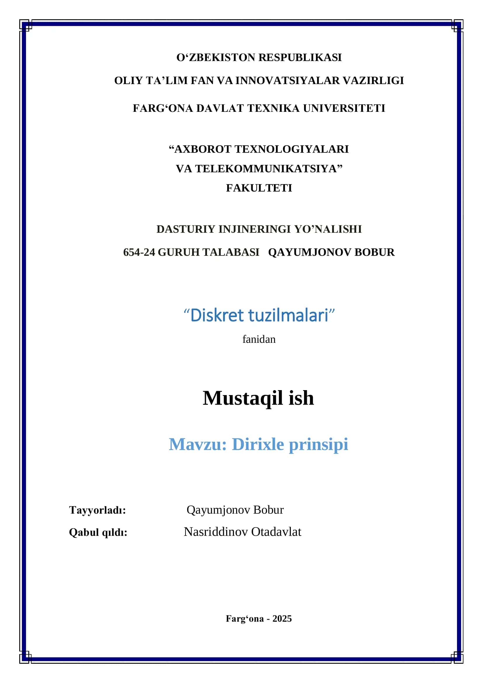 Diskret tuzilmalari Dirixle prinsipi 1