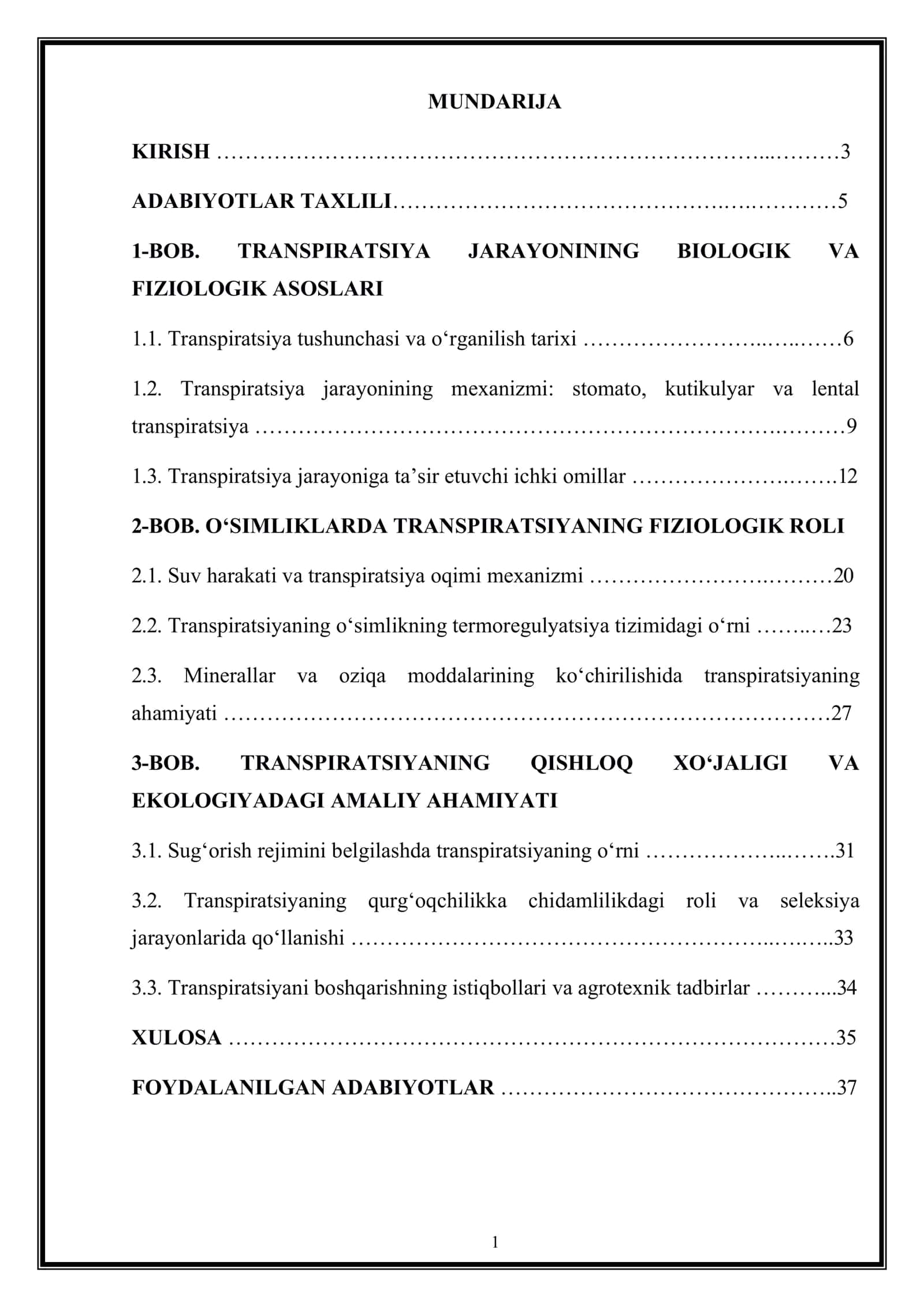 TRANSPIRATSIYA JARAYONINING BIOLOGIK VAFIZIOLOGIK ASOSLARI 1