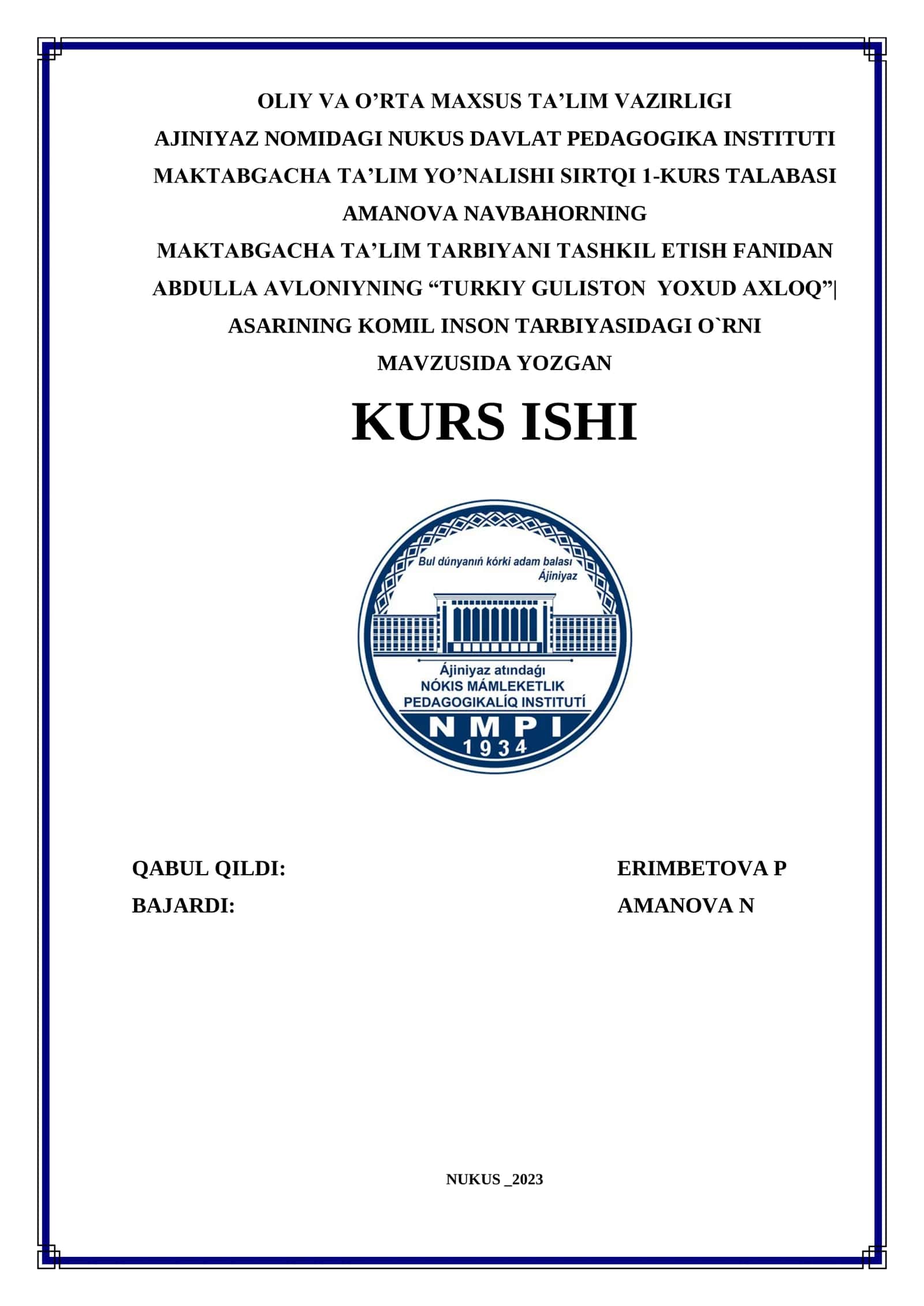 Abdulla Avloniyni "Turkiy Guliston Yoxud Axloq". Asarining Komil Inson Tarbiyasidagi O`rni 1