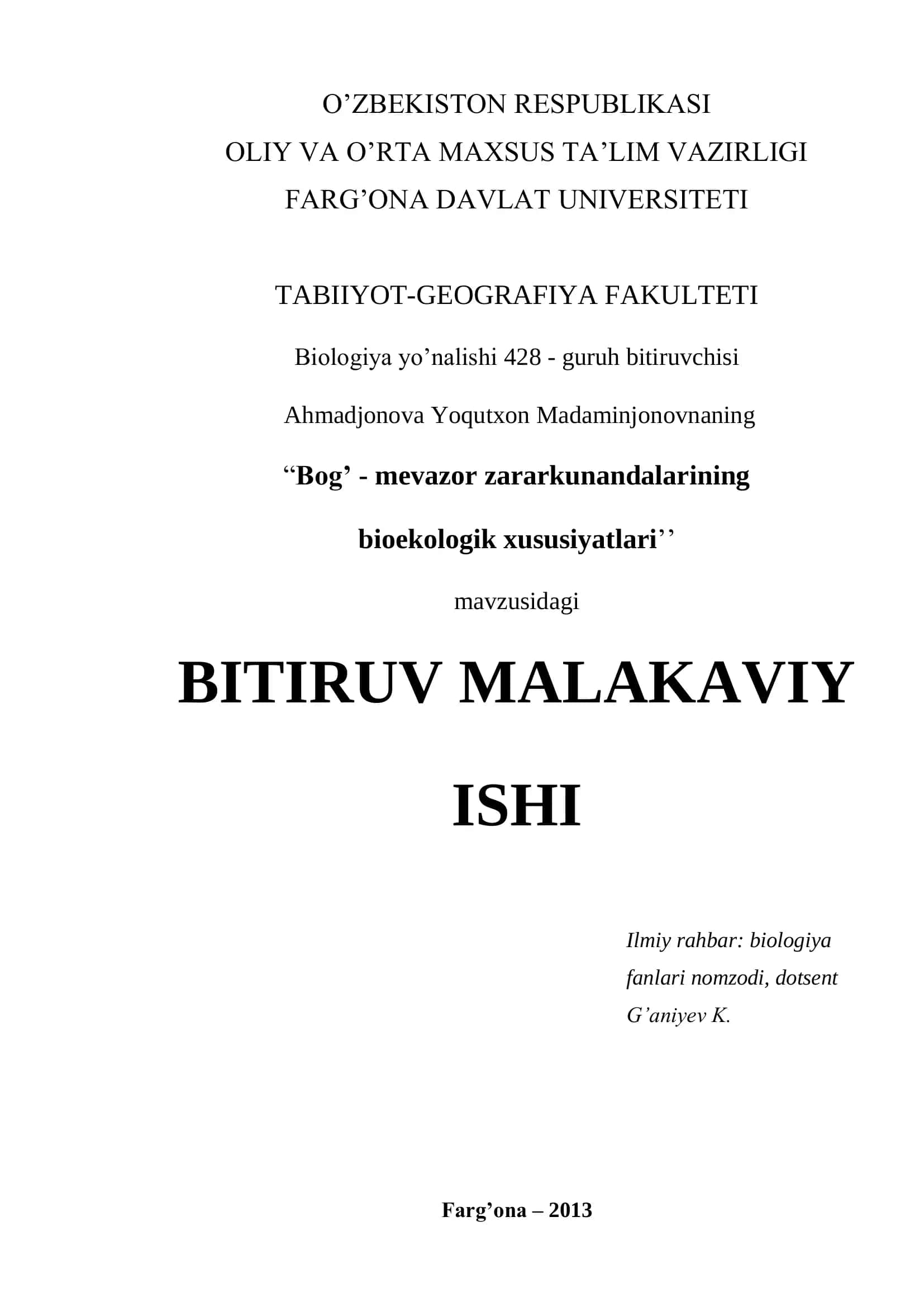 Bog’ - mevazor zararkunandalarining bioekologik xususiyatlari 1