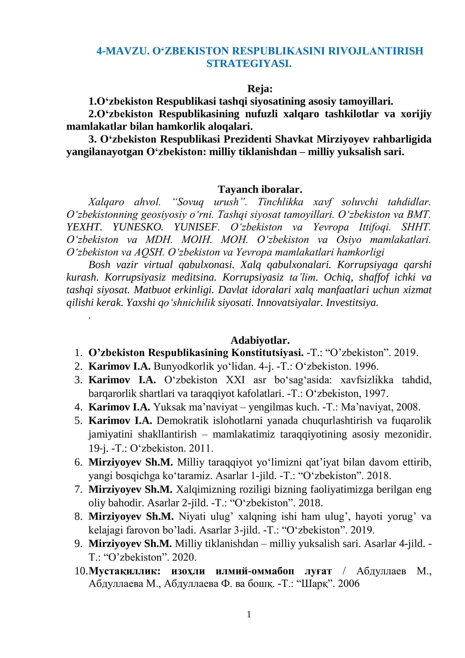 O„ZBEKISTON RESPUBLIKASINI RIVOJLANTIRISH STRATEGIYASI 1
