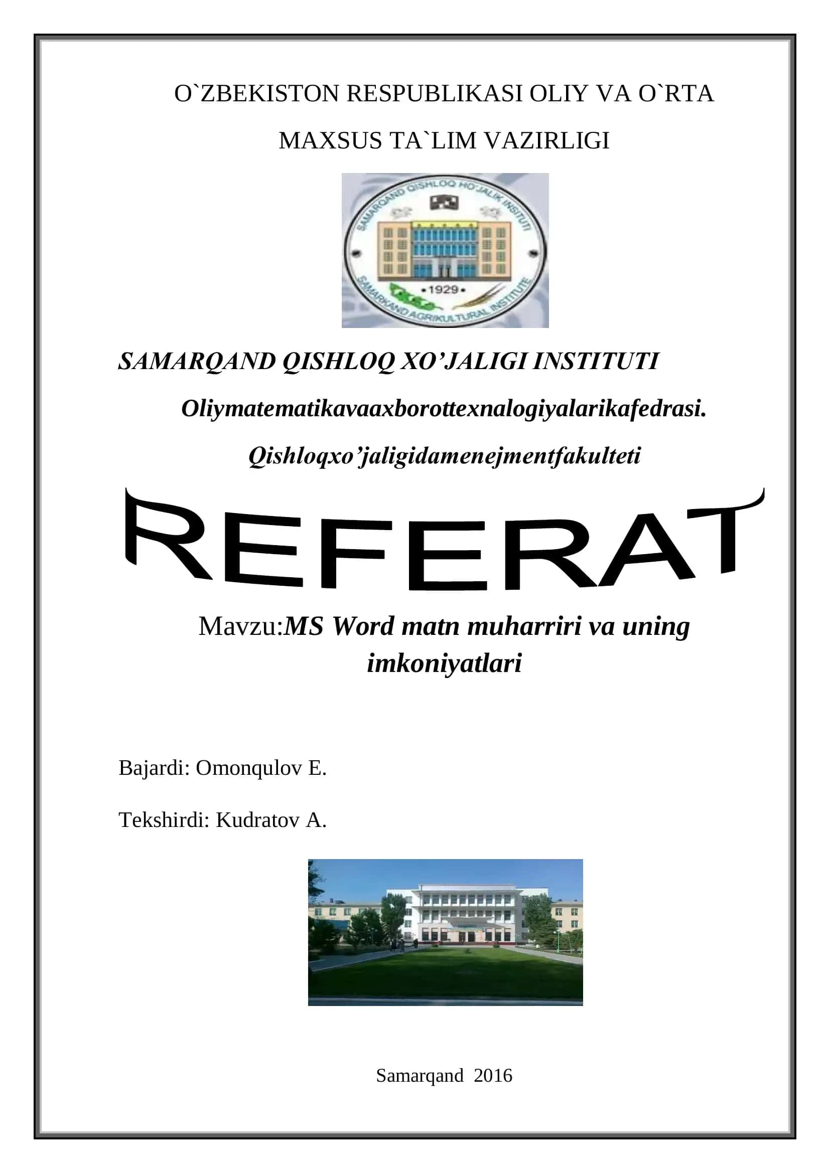 MS Word matn muharriri va uning imkoniyatlari 1