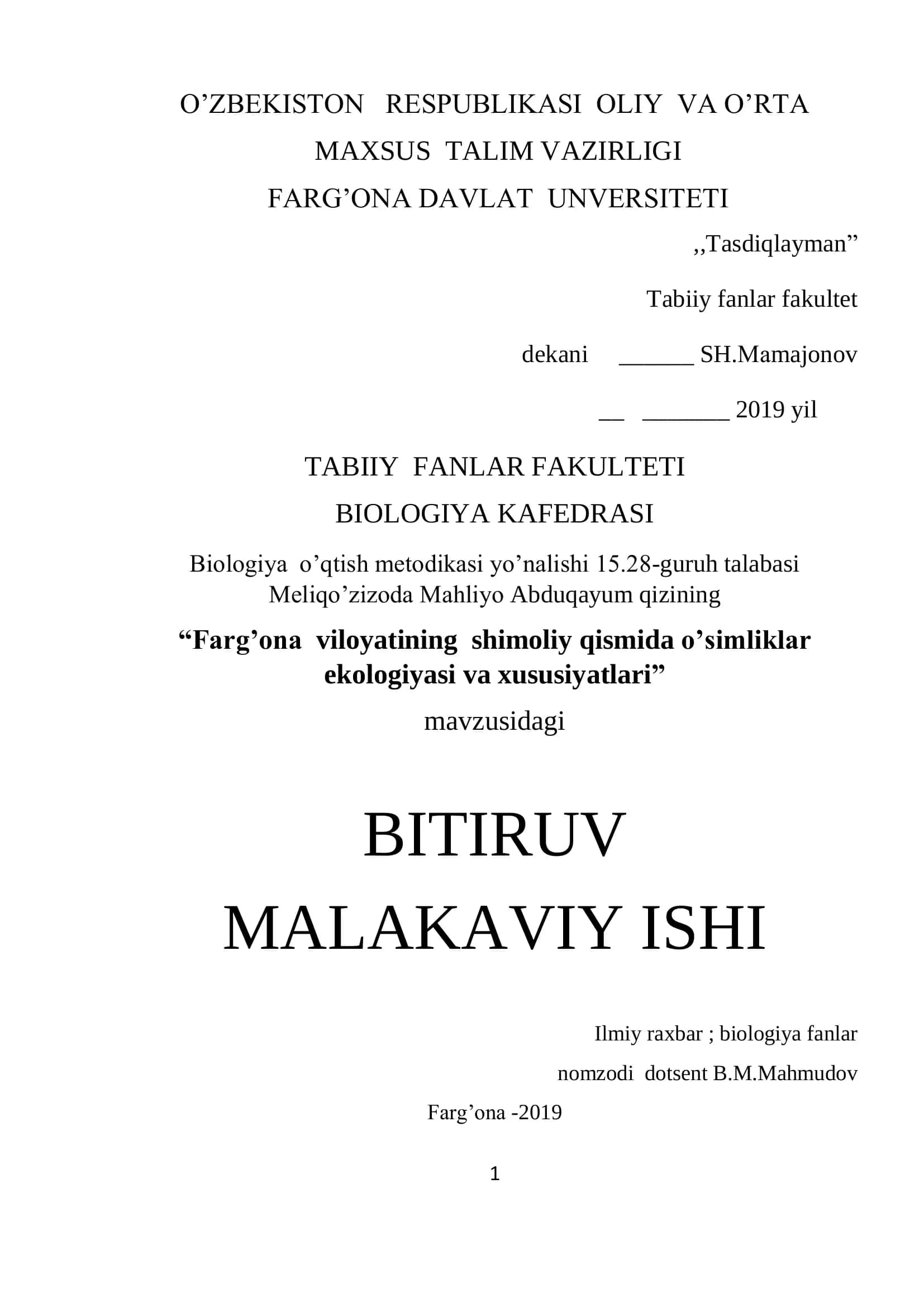 Biologiya o’qtish metodikasi yo’nalishi 15.28-guruh talabasi 1