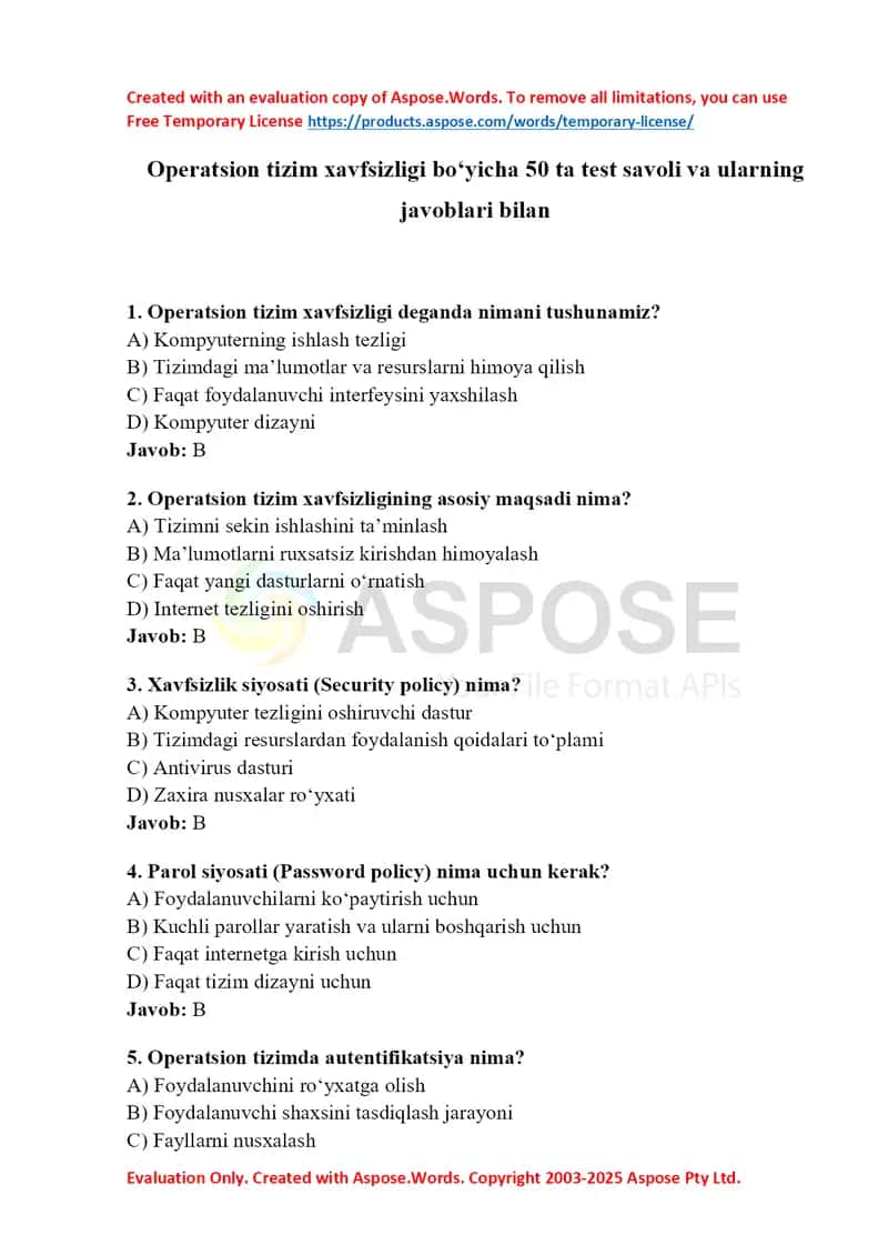 Operatsion tizim xavfsizligi bo‘yicha 50 ta test savoli va ularning javoblari bilan 1