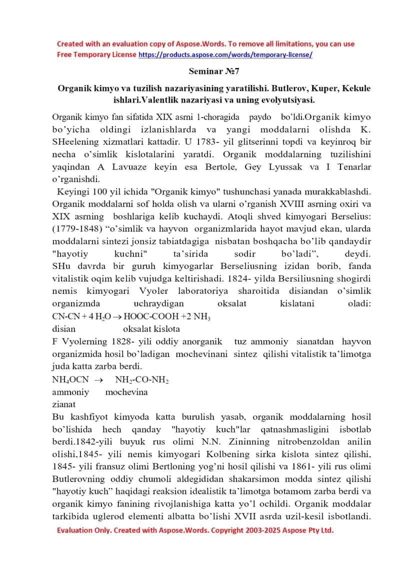 Seminar №7: Organik kimyo va tuzilish nazariyasining yaratilishi 1