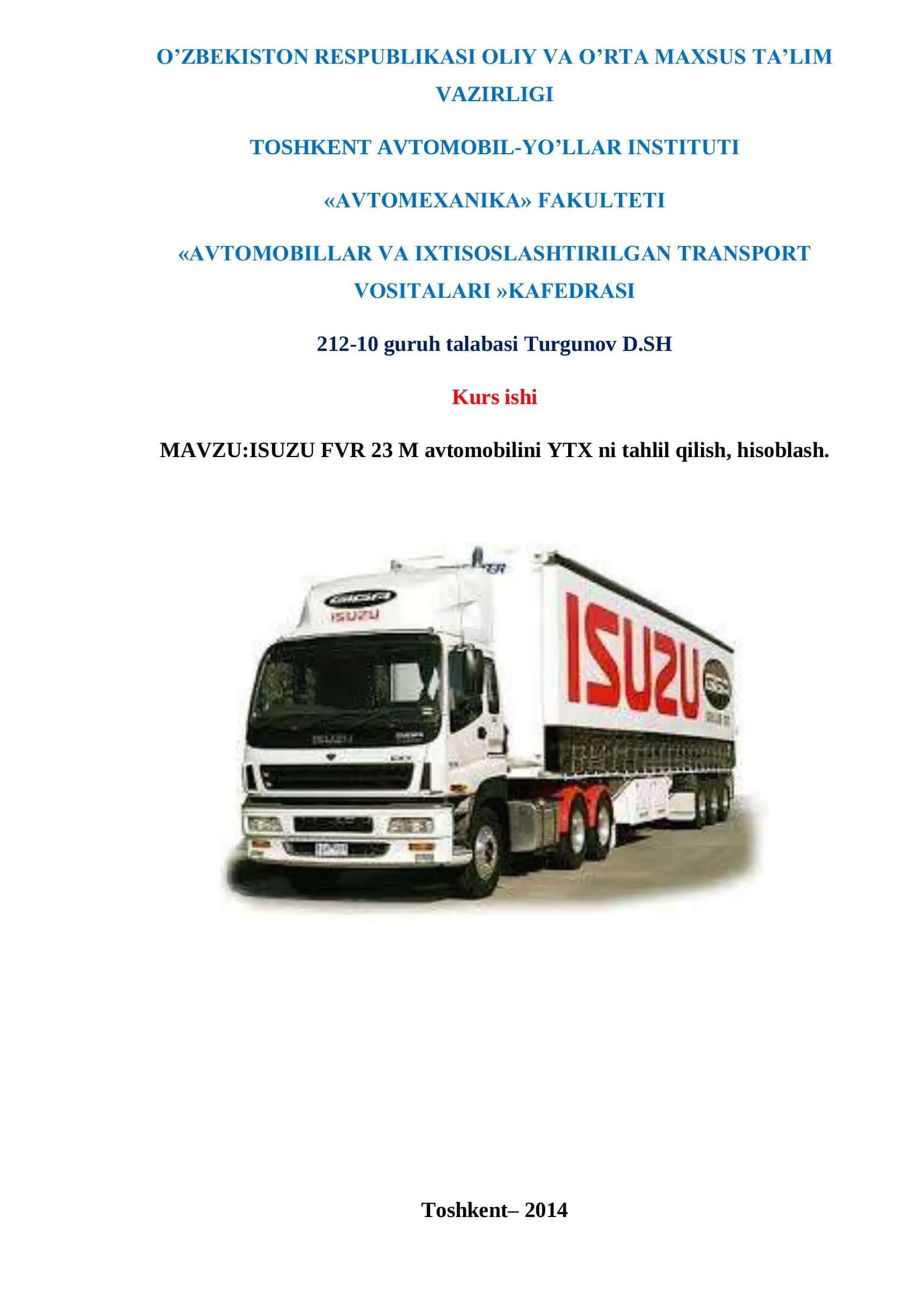 ISUZU FVR 23 M avtomobilini YTX ni tahlil qilish, hisoblash 1