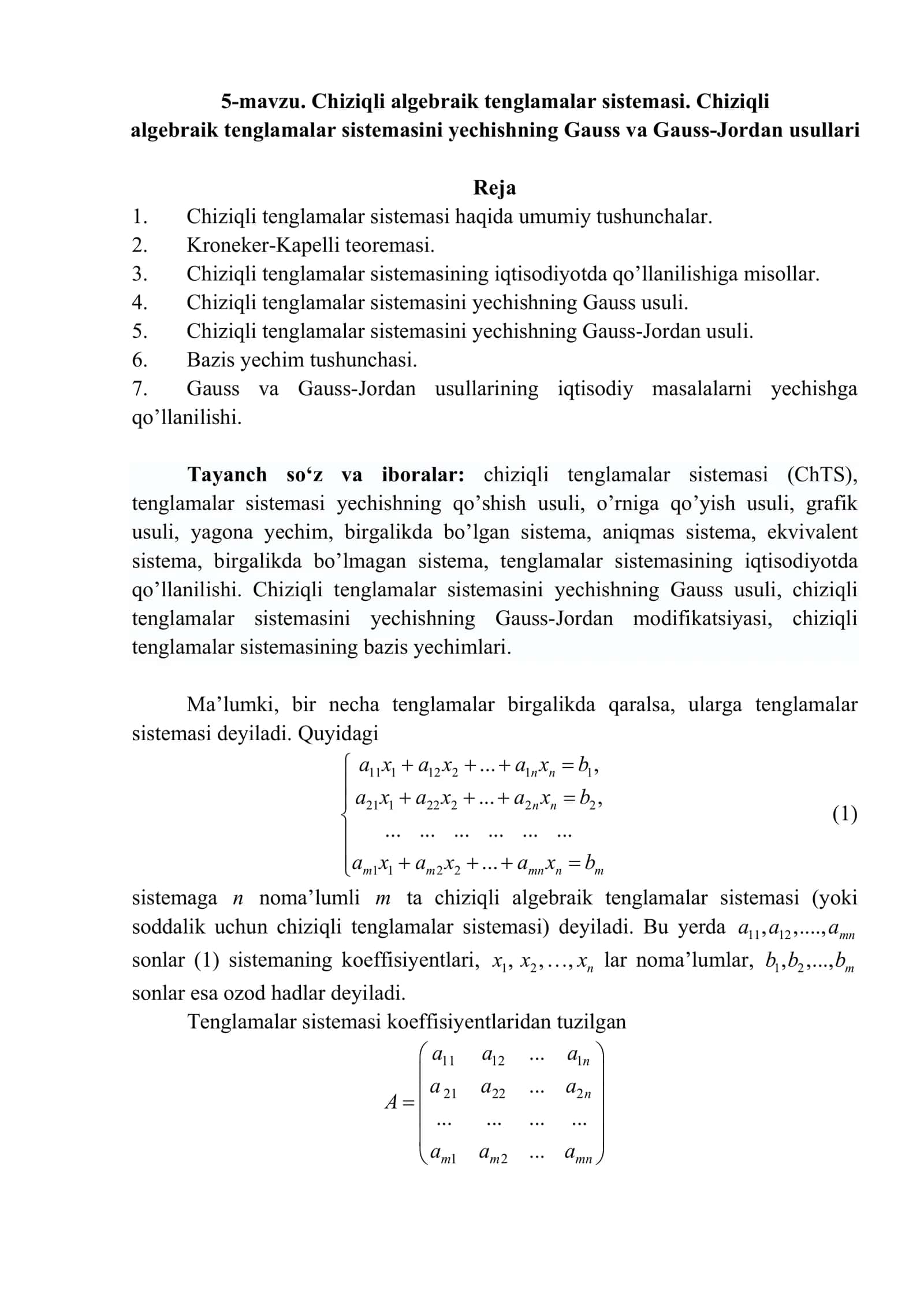 Chiziqli algebraik tenglamalar sistemasi 1