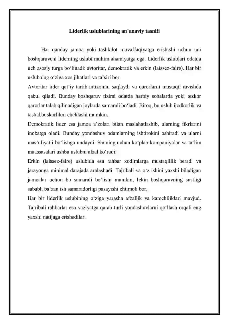 Liderlik uslublarining an’anaviy tasnifi