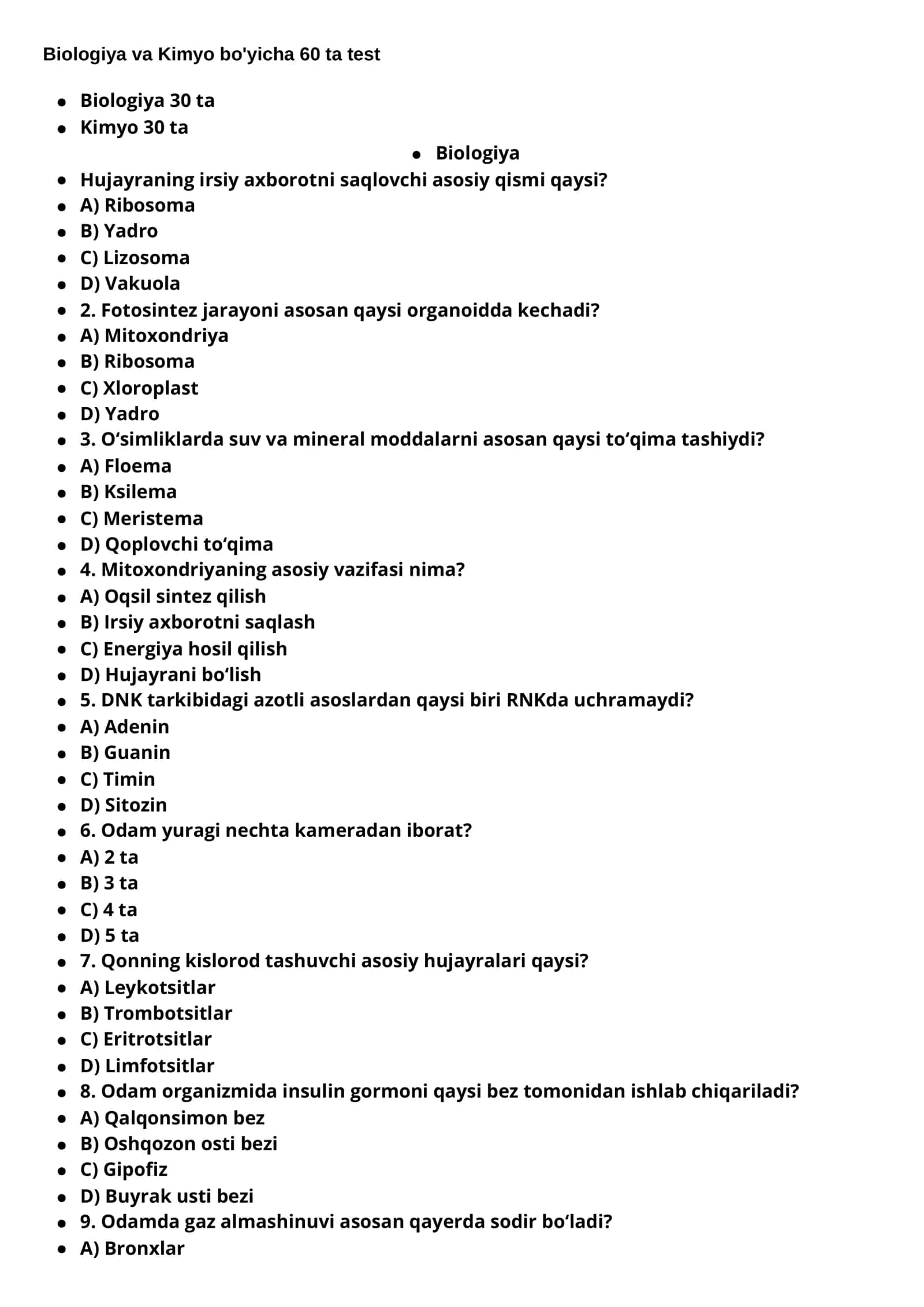 Biologiya + Kimyo | 60 ta test | Kalitlari bilan | DTM FORMATIDA 1