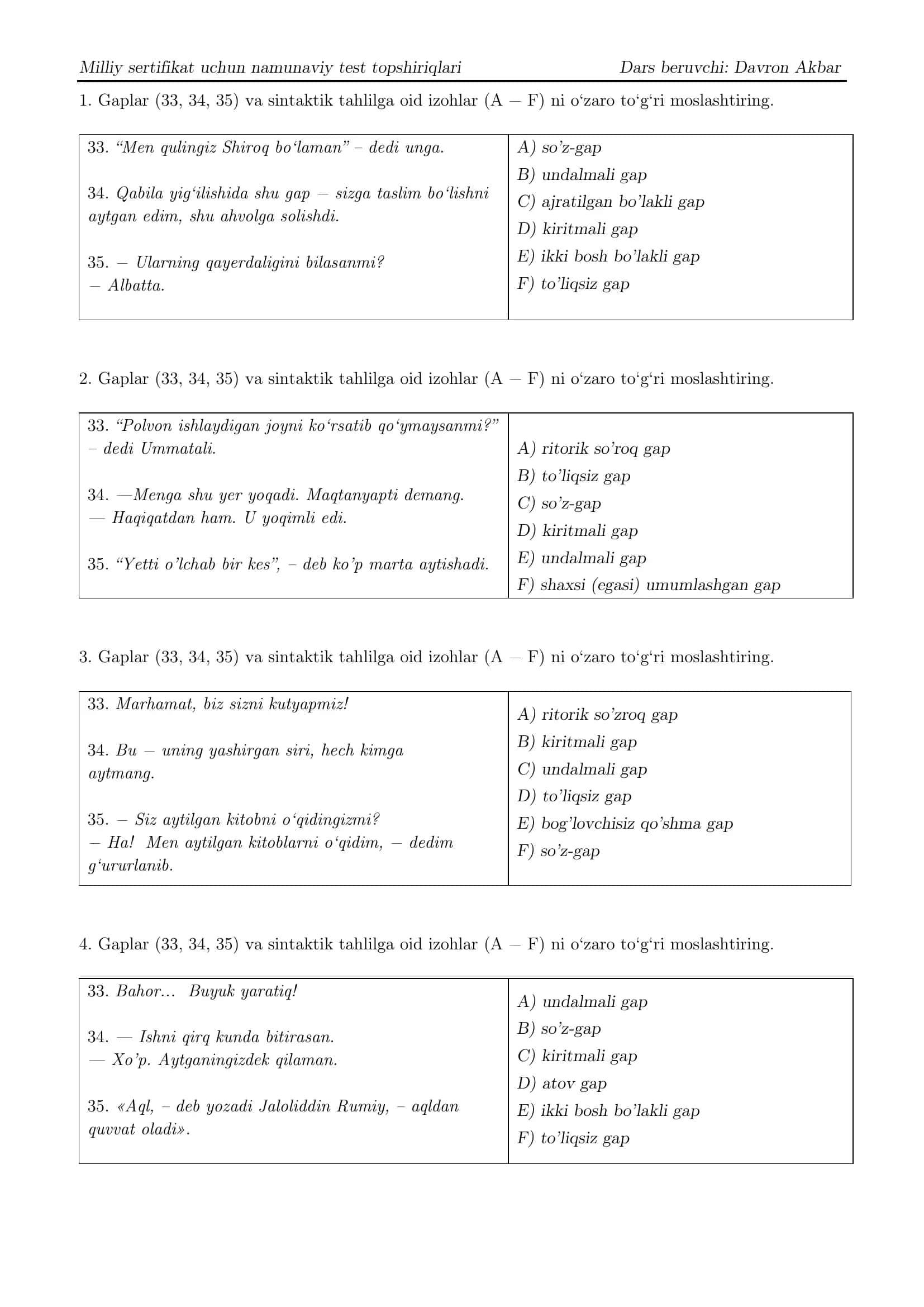 Milliy sertifikat uchun namunaviy test topshiriqlari 1