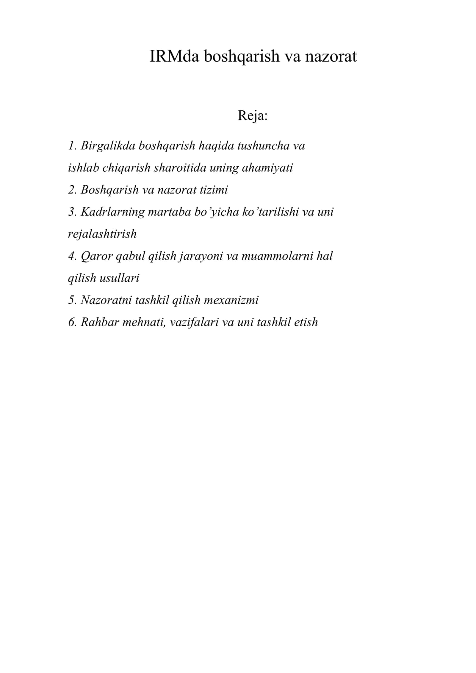 IRMda boshqarish va nazorat 1