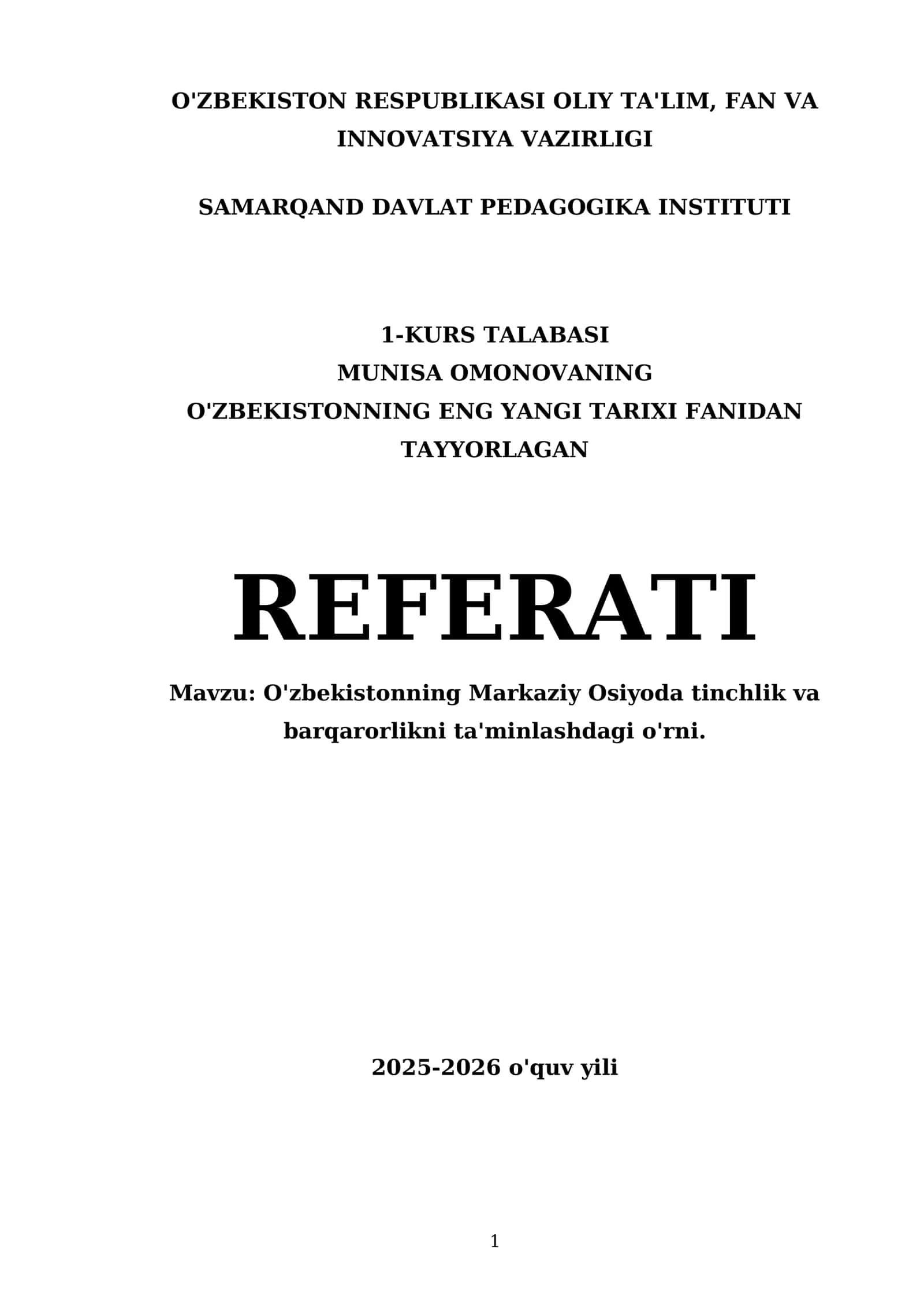 O'zbekistonning eng yangi tarixi fanidan tayyorlagan referati 1