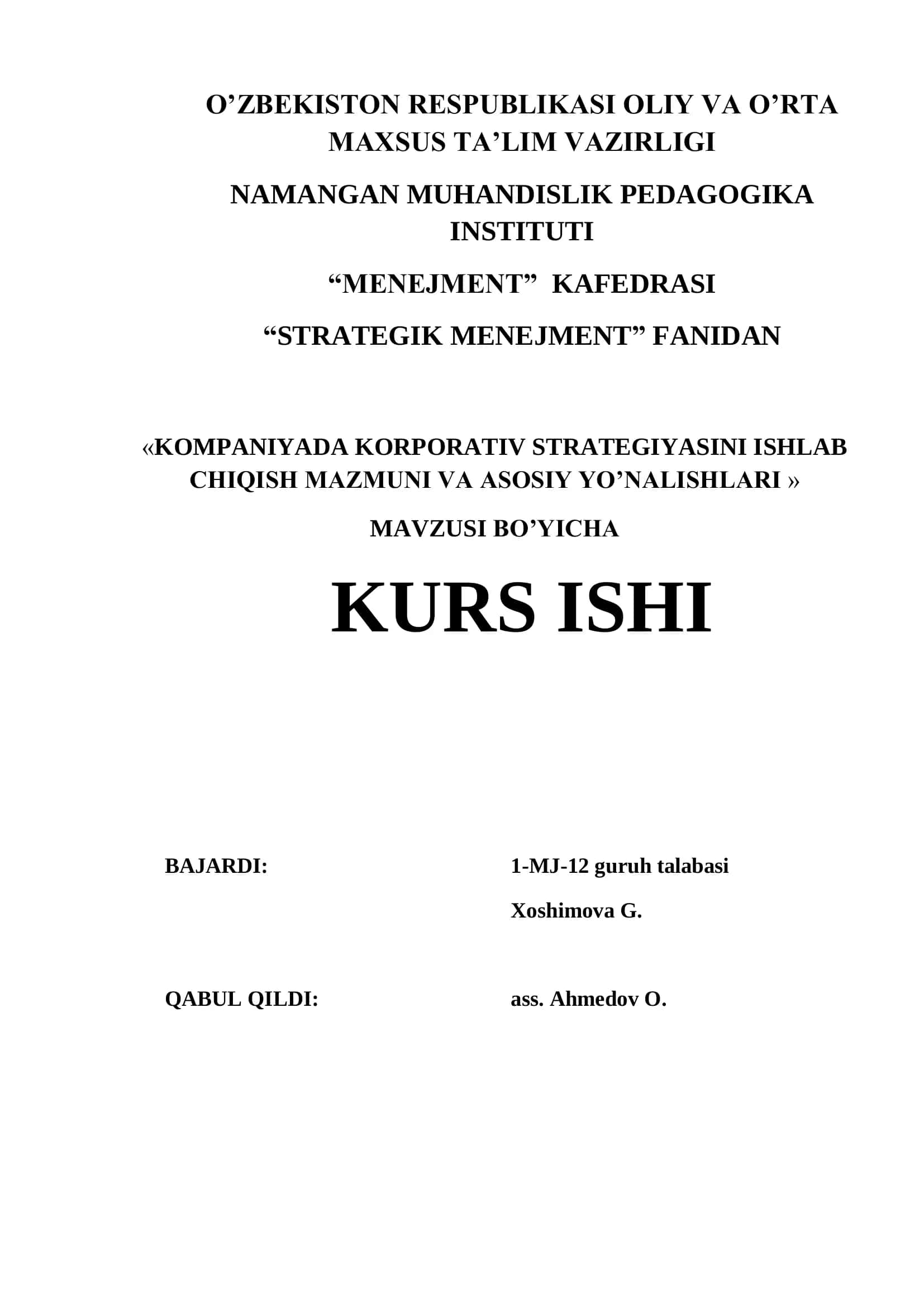 “KOMPANIYADA KORPORATIV STRATEGIYASINI ISHLAB CHIQISH MAZMUNI VA ASOSIY YO’NALISHLARI » 1