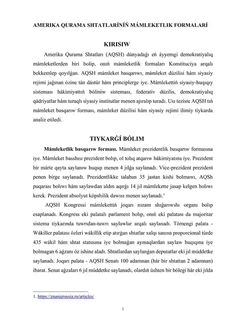 AMERIKA QURAMA SHTATLARÍNÍŃ MÁMLEKETLIK FORMALARÍ tezis
