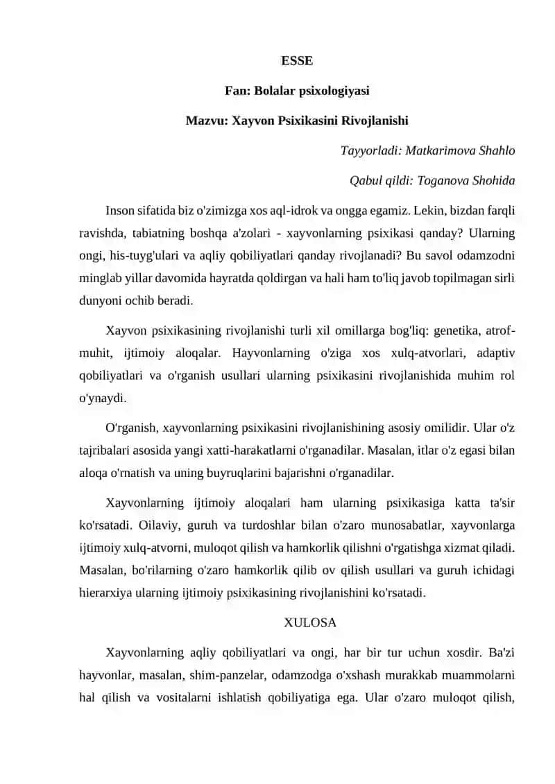 Xayvon Psixikasini Rivojlanishi