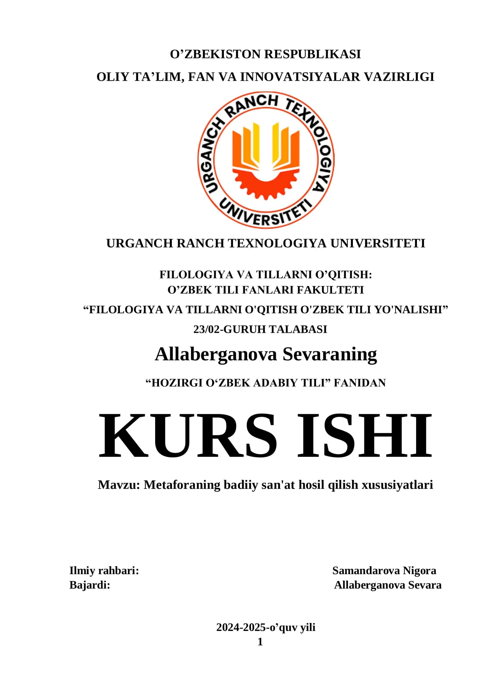 "HOZIRGI OʻZBEK ADABIY TILI" KURS ISHI 1