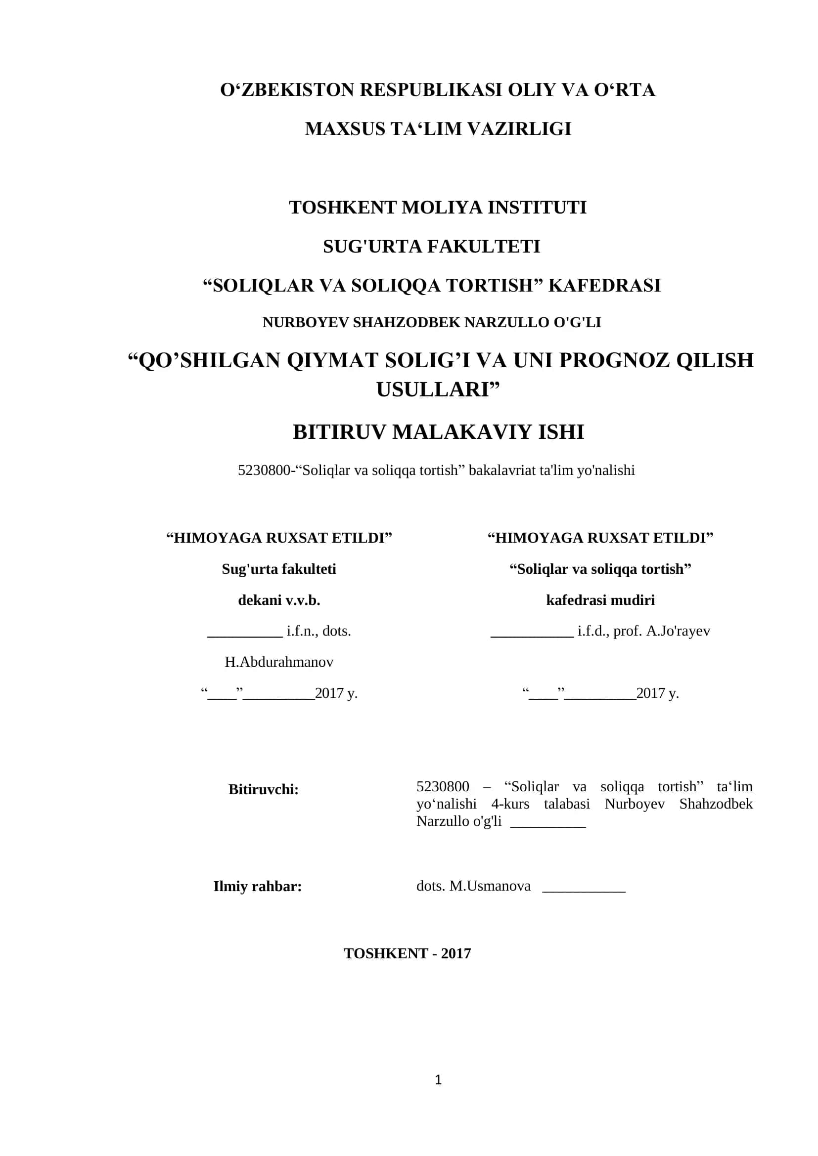 Qo‘shilgan qiymat solig’i va uni prognoz qilish usullari 1