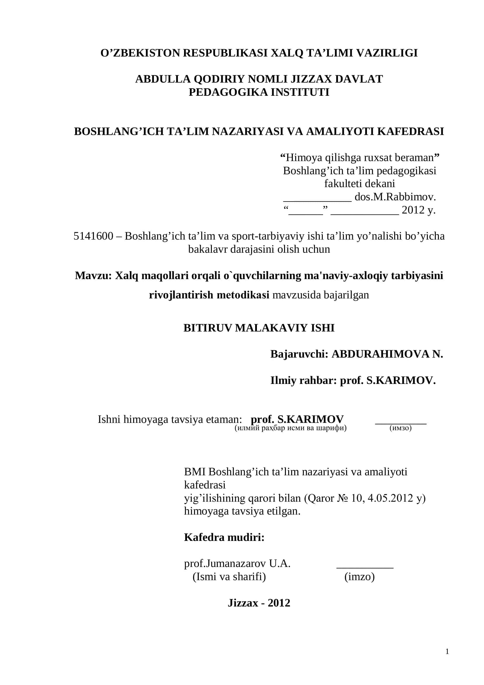 Xalq maqollari orqali o`quvchilarning ma'naviy-axloqiy tarbiyasini rivojlantirish mеtodikasi 1