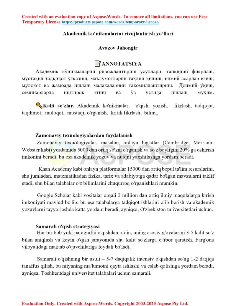Akademik koʻnikmalarini rivojlantirish yoʻllari 1