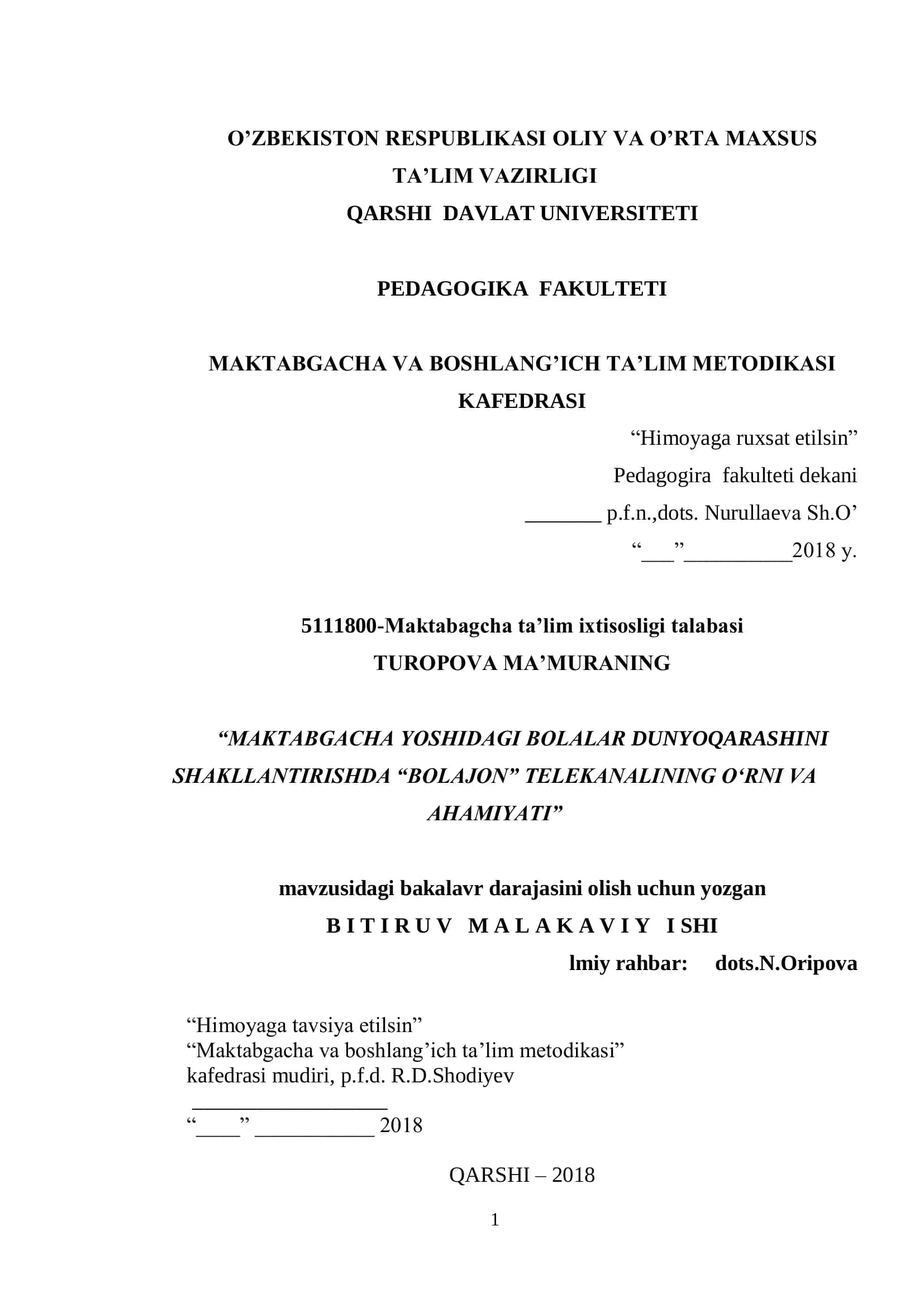 MAKTABGACHA YOSHIDAGI BOLALAR DUNYOQARASHINI SHAKLLANTIRISHDA “BOLAJON” TELEKANALINING O„RNI VA AHAMIYATI 1