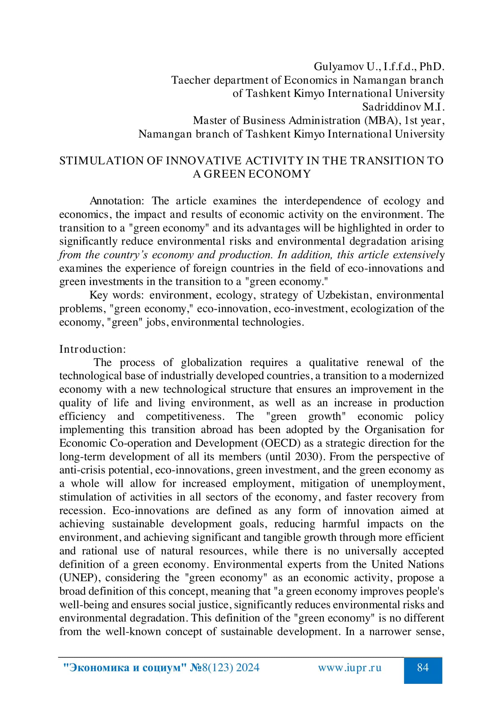 STIMULATION OF INNOVATIVE ACTIVITY IN THE TRANSITION TO A GREEN ECONOMY 1