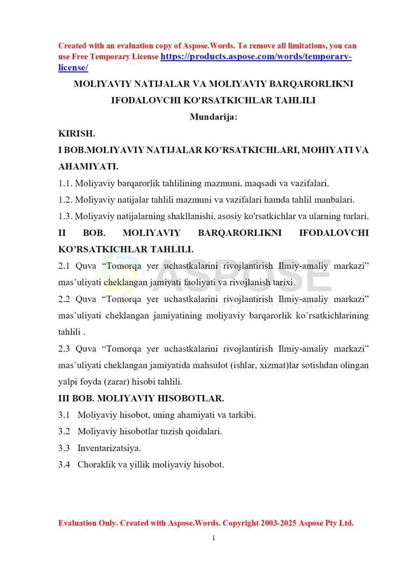 MOLIYAVIY NATIJALAR VA MOLIYAVIY BARQARORLIKNI IFODALOVCHI KO'RSATKICHLAR TAHLILI 1