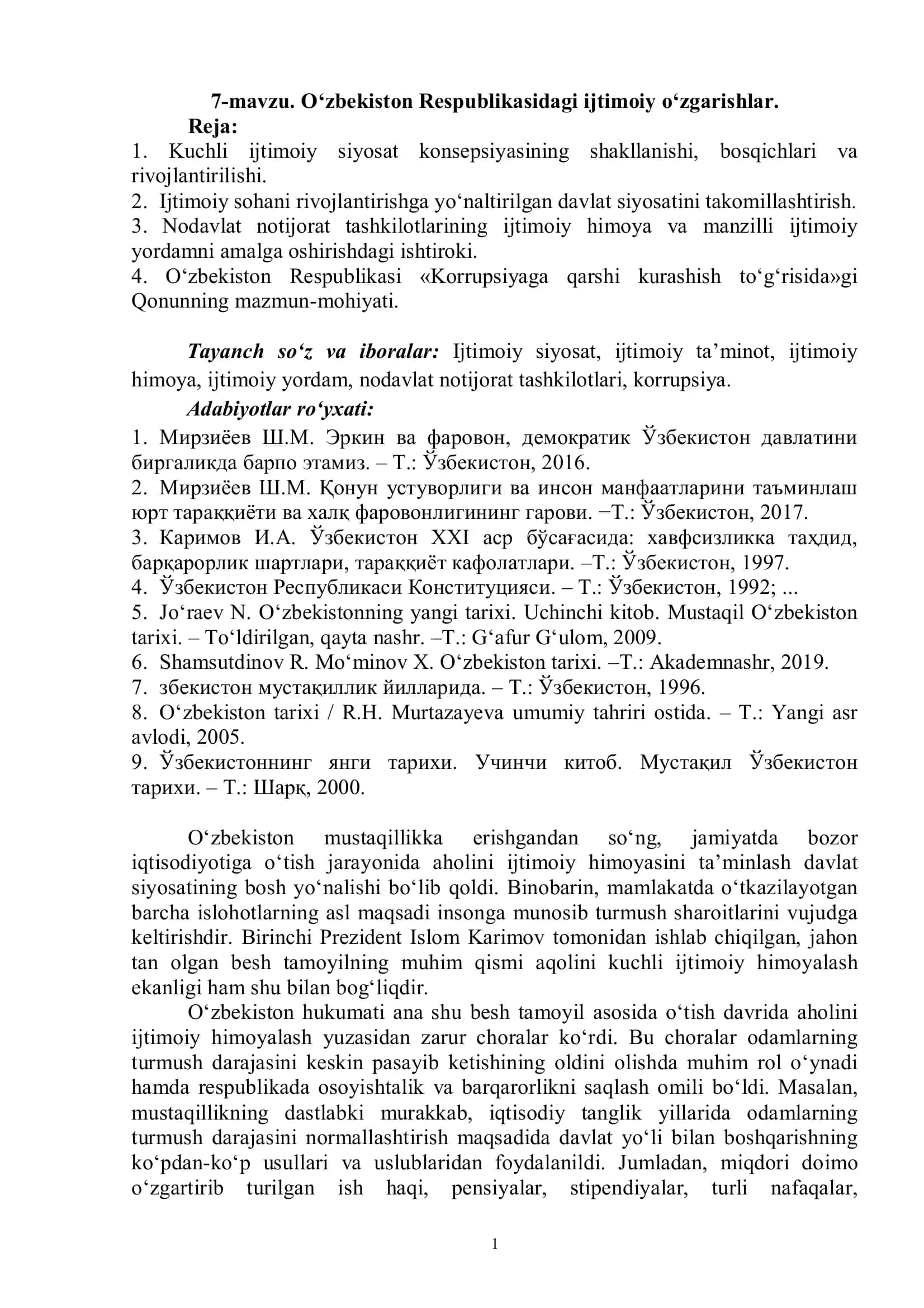 7-mavzu. O'zbekiston Respublikasidagi ijtimoiy o‘zgarishlar 1