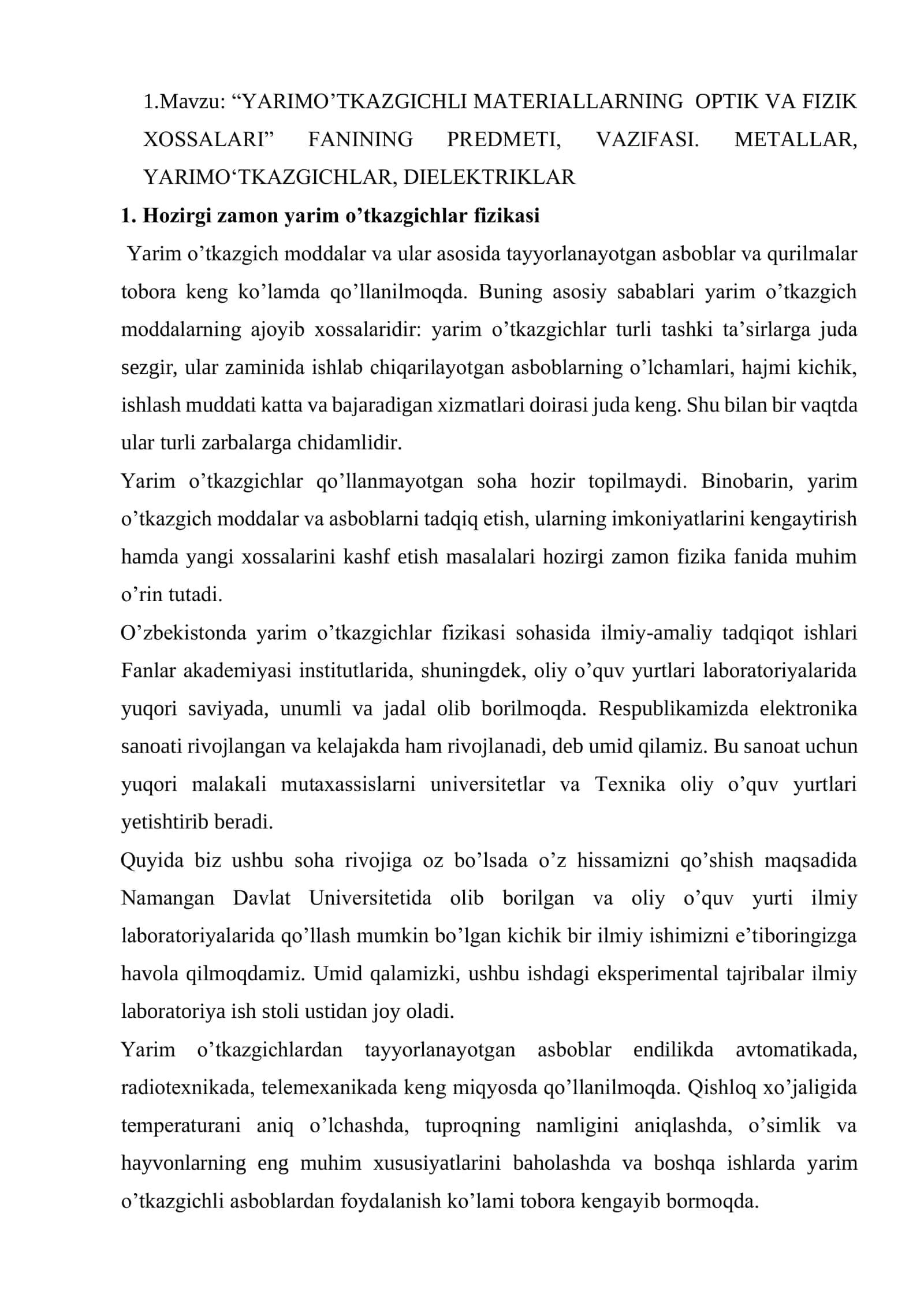 YARIMO’TKAZGICHLI MATERIALLARNING OPTIK VA FIZIK XOSSALARI 1