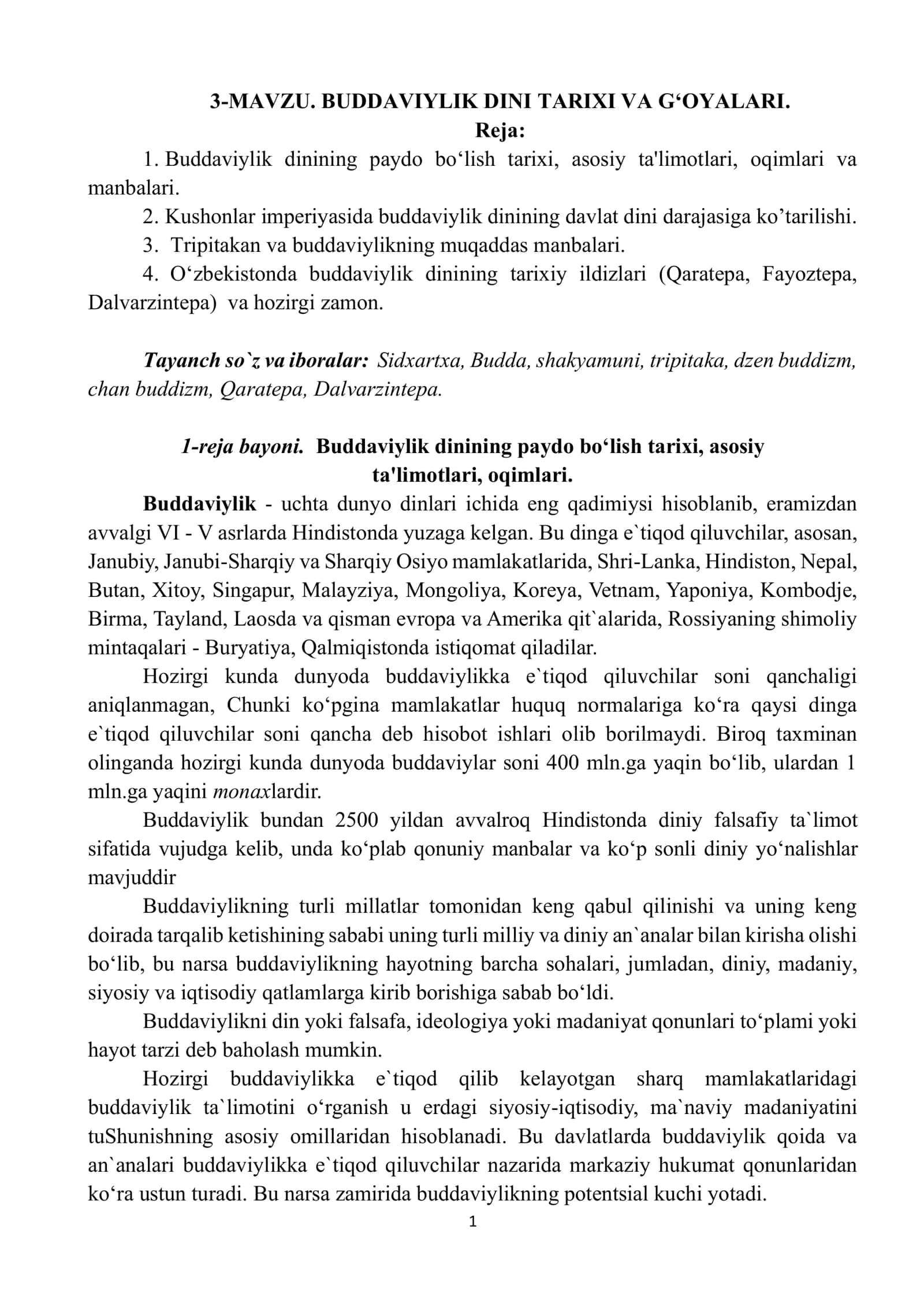 BUDDAVIYLIK DINI TARIXI VA G‘OYALARI 1