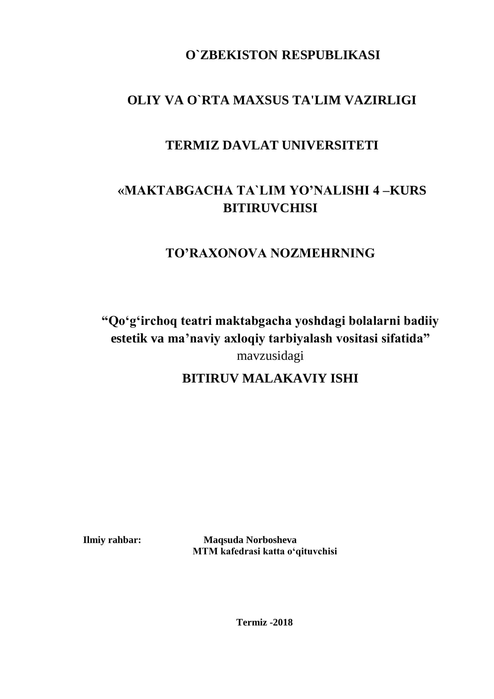 Qo‘g‘irchoq teatri maktabgacha yoshdagi bolalarni badiiy estetik va ma’naviy axloqiy tarbiyalash vositasi sifatida 1